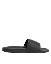 Dolce & Gabbana Black Leather Slides Sandals Beachwear Shoes
