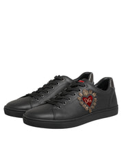 Dolce & Gabbana Black Leather Heart Embellished Sneakers Shoes