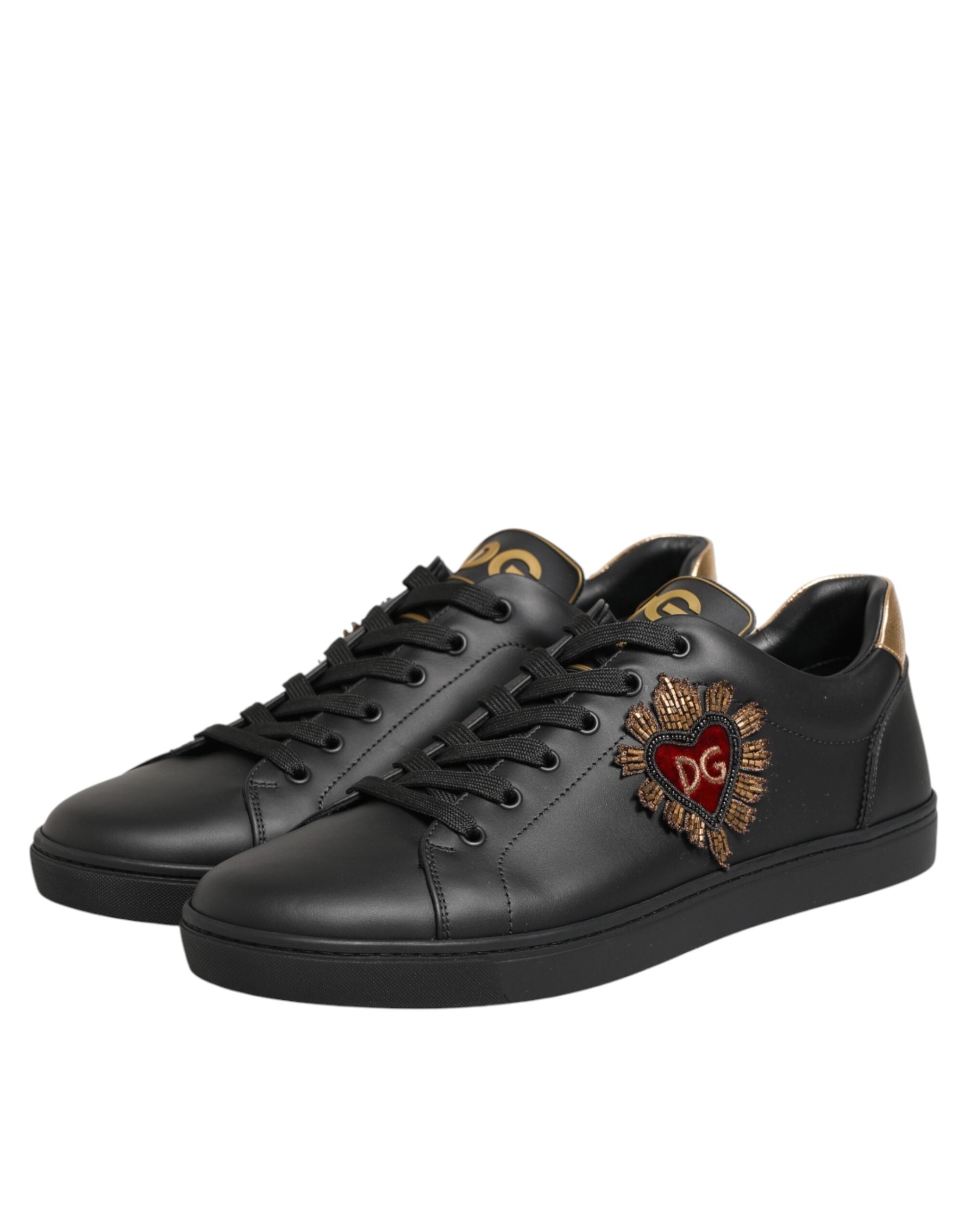 Dolce & Gabbana Black Leather Heart Embellished Sneakers Shoes