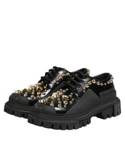 Dolce & Gabbana Black Leather Jeweled Crystals Derby Shoes