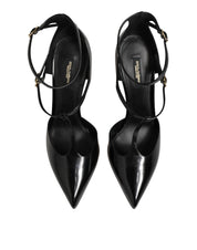 Dolce & Gabbana Black Leather T-STRAPS Heels Sandals Shoes