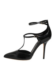 Dolce & Gabbana Black Leather T-STRAPS Heels Sandals Shoes