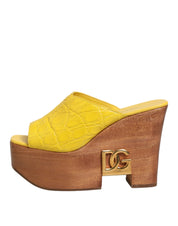 Dolce & Gabbana Yellow Leather Wood Mule Wedge Slides Shoes