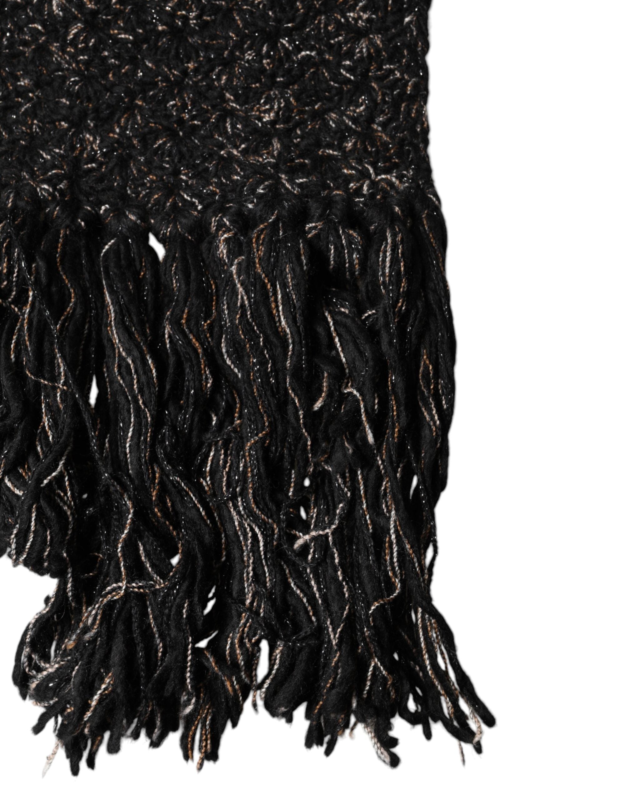 Dolce & Gabbana Black Wool Fringes Neck Wrap Foulard Scarf