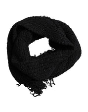 Dolce & Gabbana Black Wool Fringes Neck Wrap Foulard Scarf