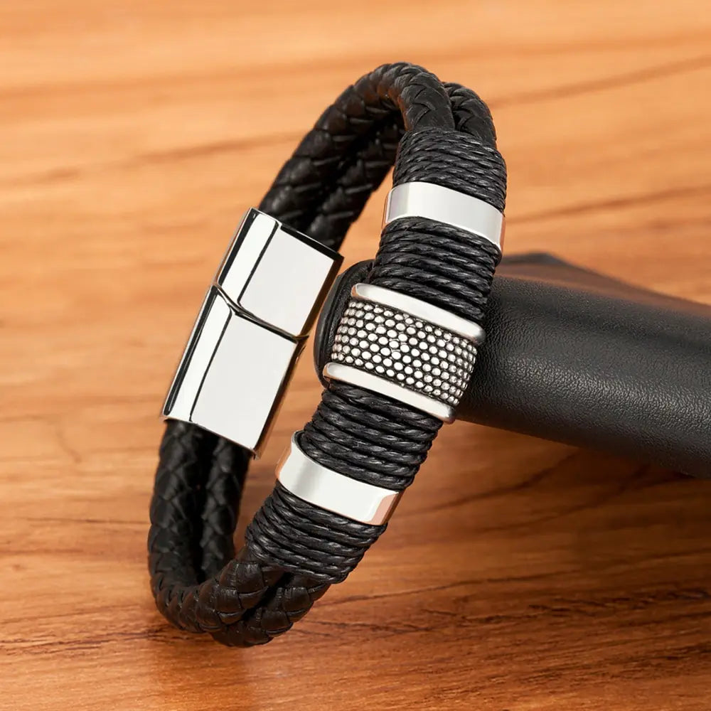 Woven Leather Rope Wrapping Stainless Steel Men's Leather Bracelet