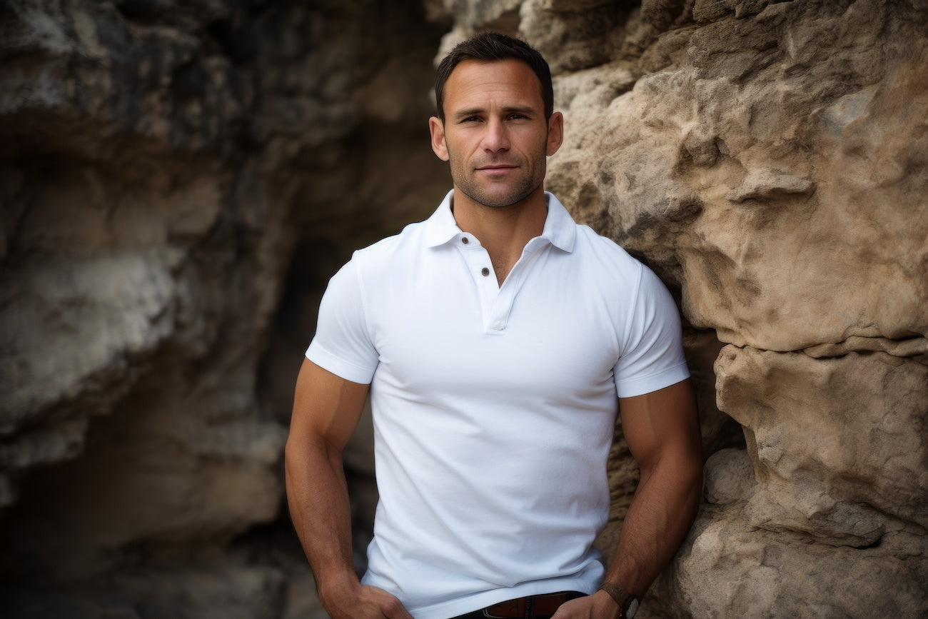 Man wearing a polo hanging out and leaning on a rock