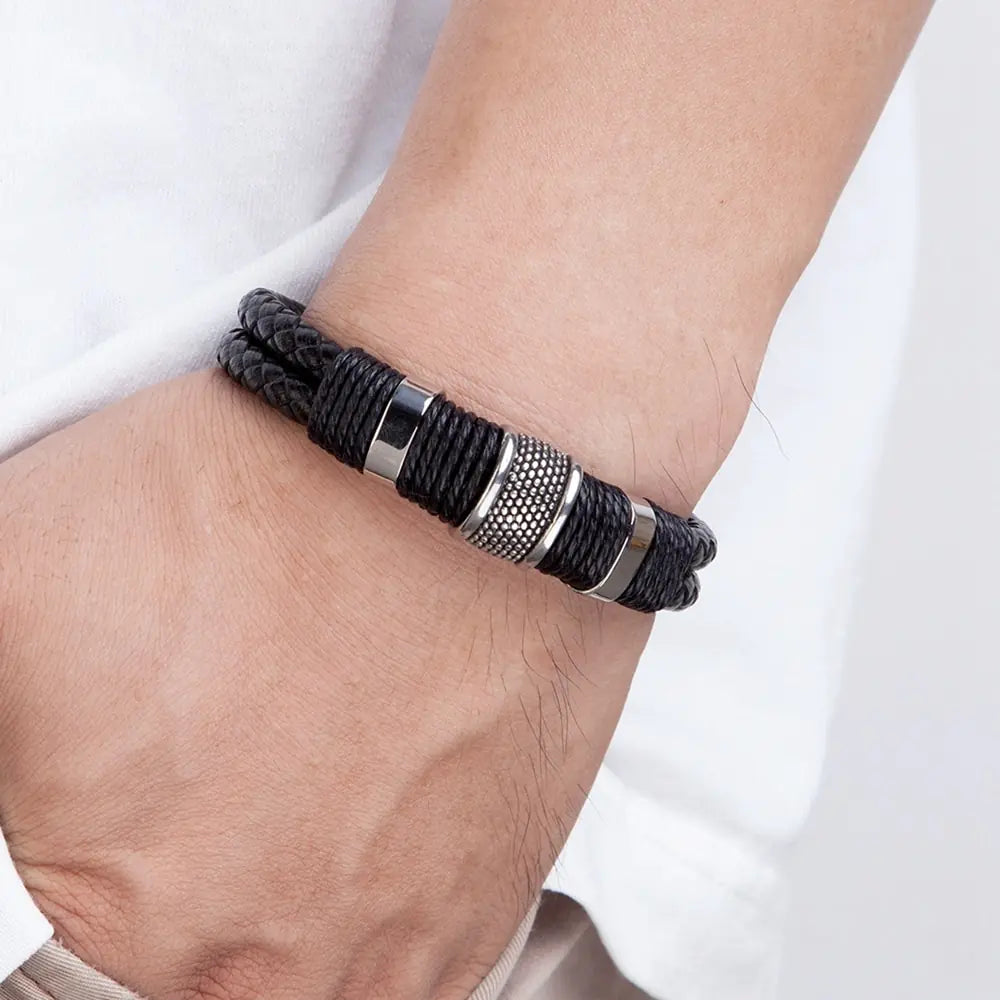 Woven Leather Rope Wrapping Stainless Steel Men's Leather Bracelet