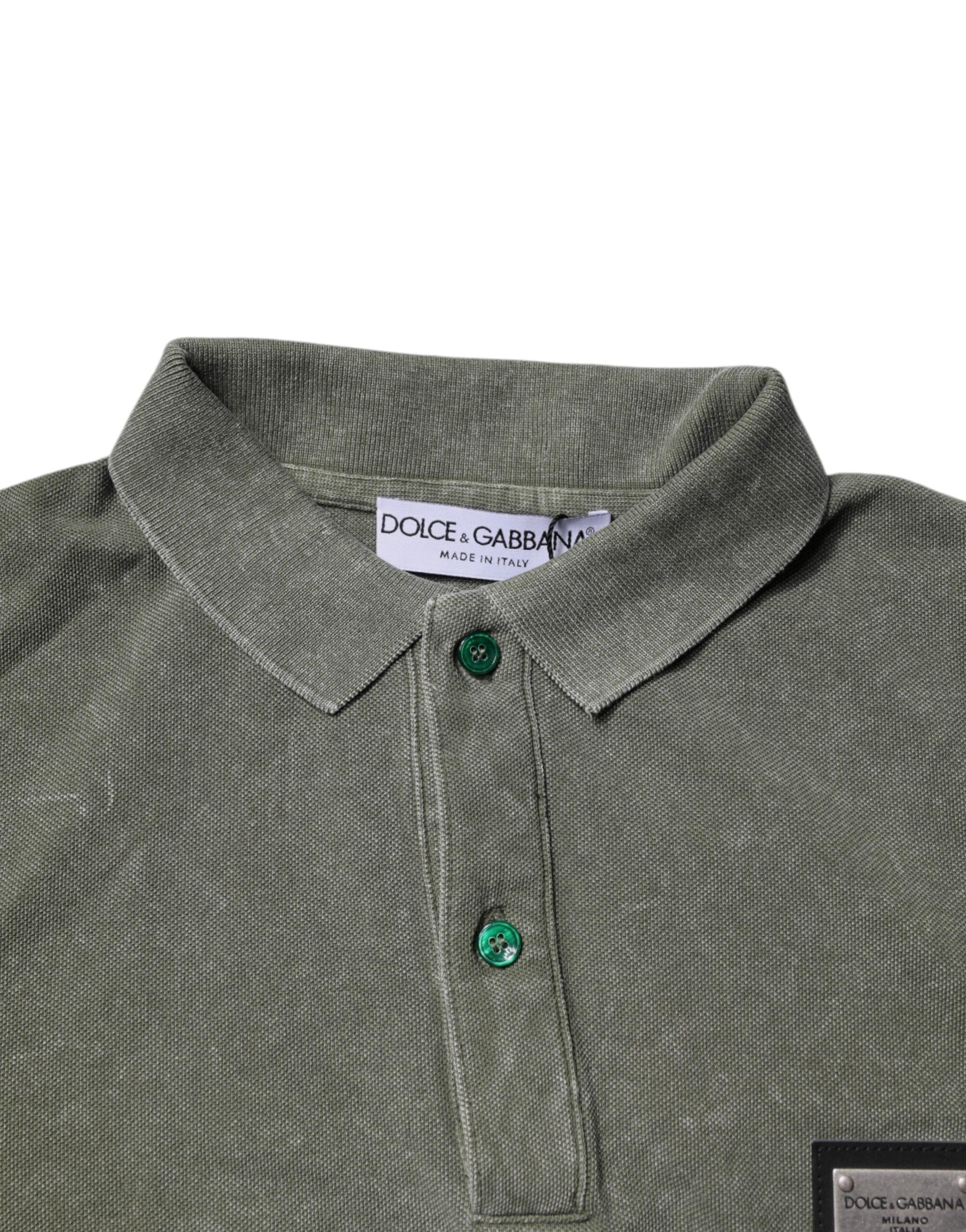 Dolce & Gabbana Premium Polos Dolce & Gabbana Army Green Logo Plaque Cotton Polo Shirt T-shirt