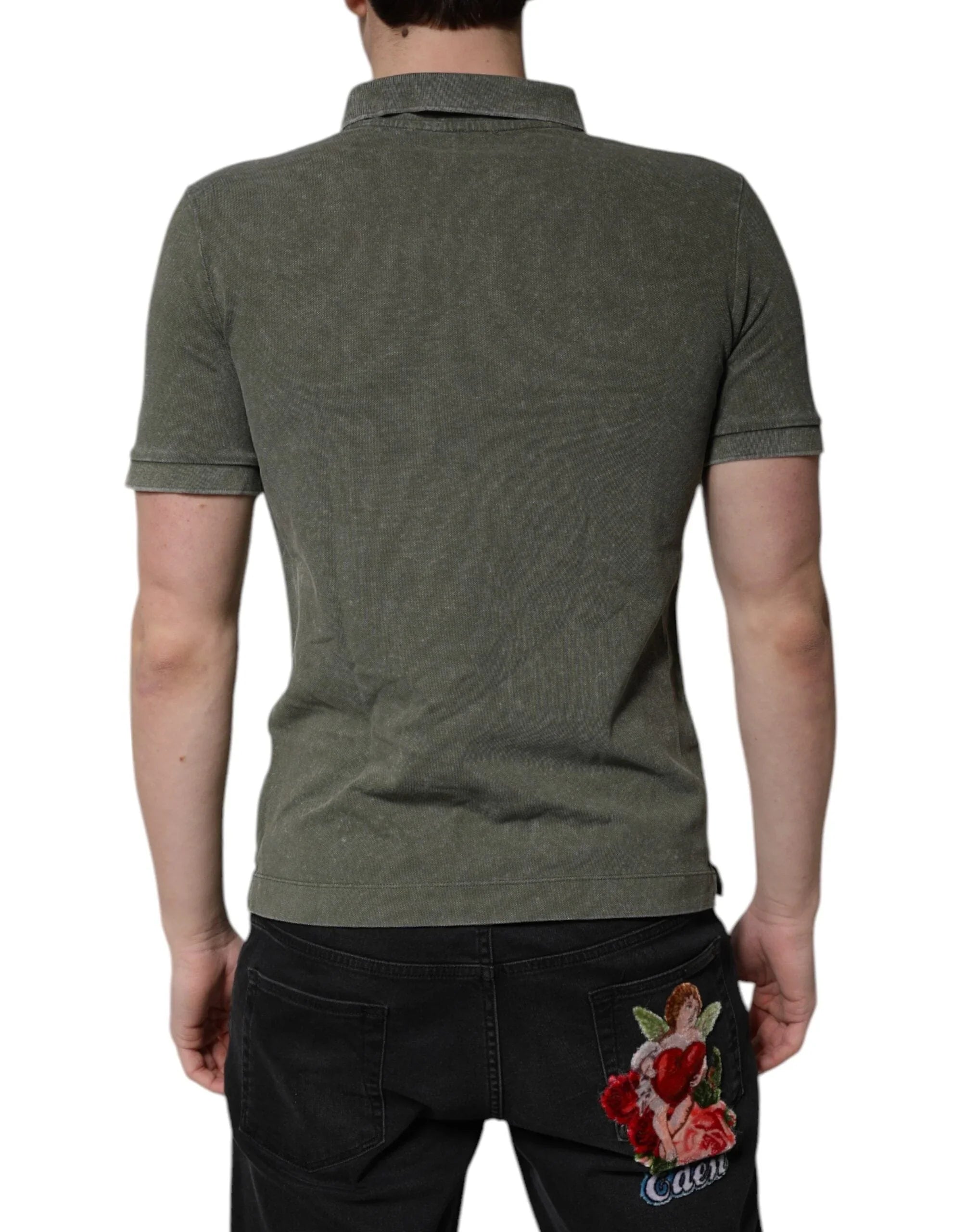 Dolce & Gabbana Premium Polos Dolce & Gabbana Army Green Logo Plaque Cotton Polo Shirt T-shirt