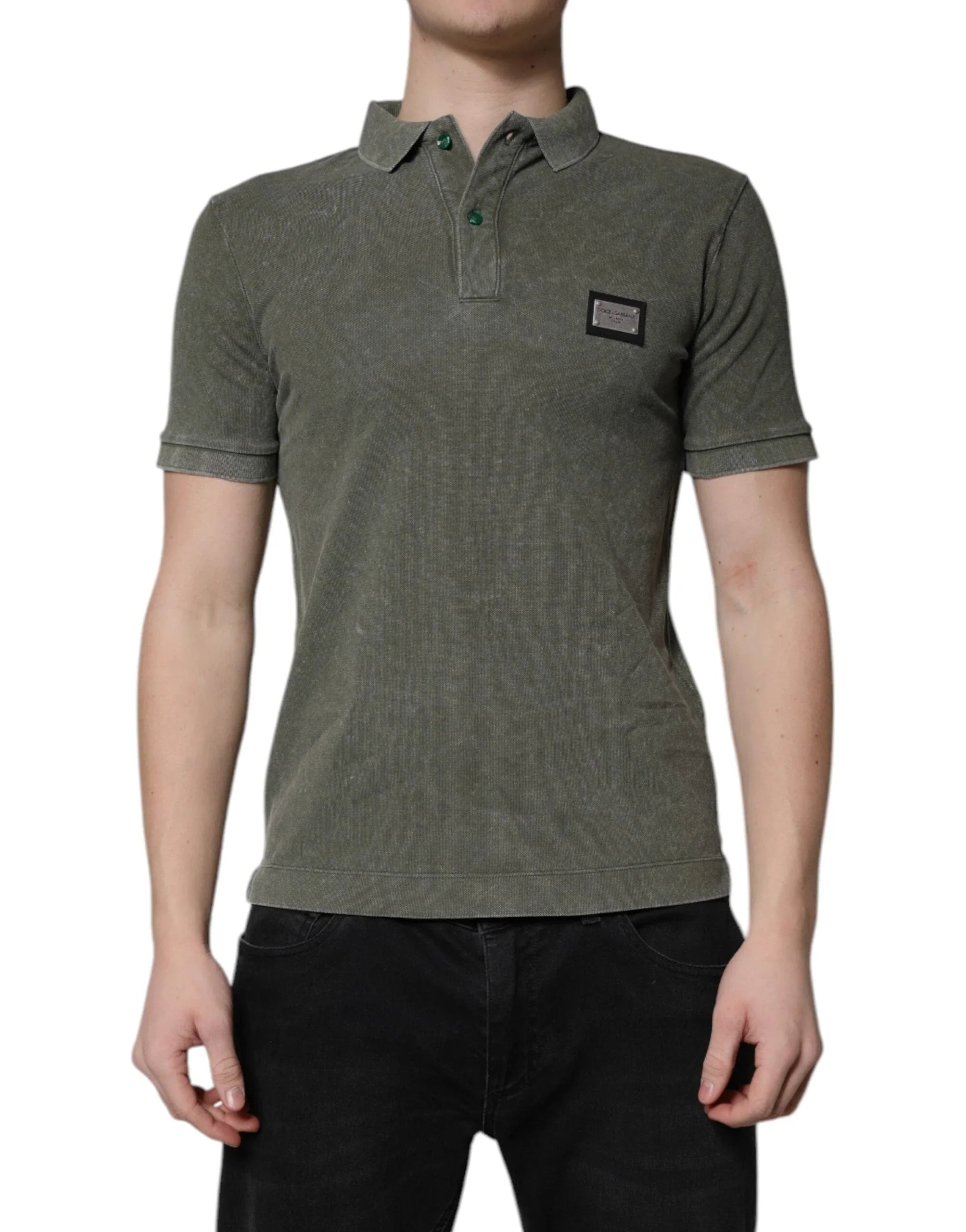 Dolce & Gabbana Premium Polos Dolce & Gabbana Army Green Logo Plaque Cotton Polo Shirt T-shirt