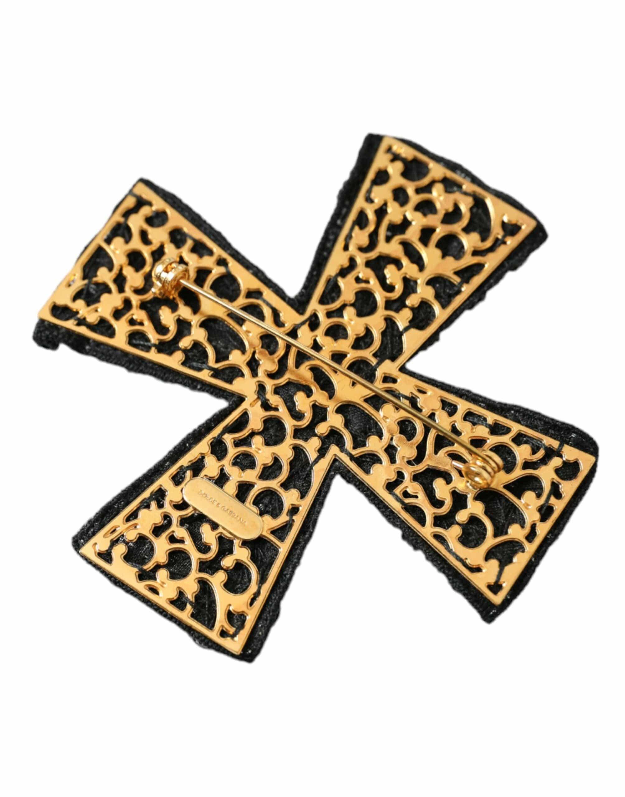 Dolce & Gabbana Brooches Dolce & Gabbana Black Crystals Embellished Cross Pin Brooch