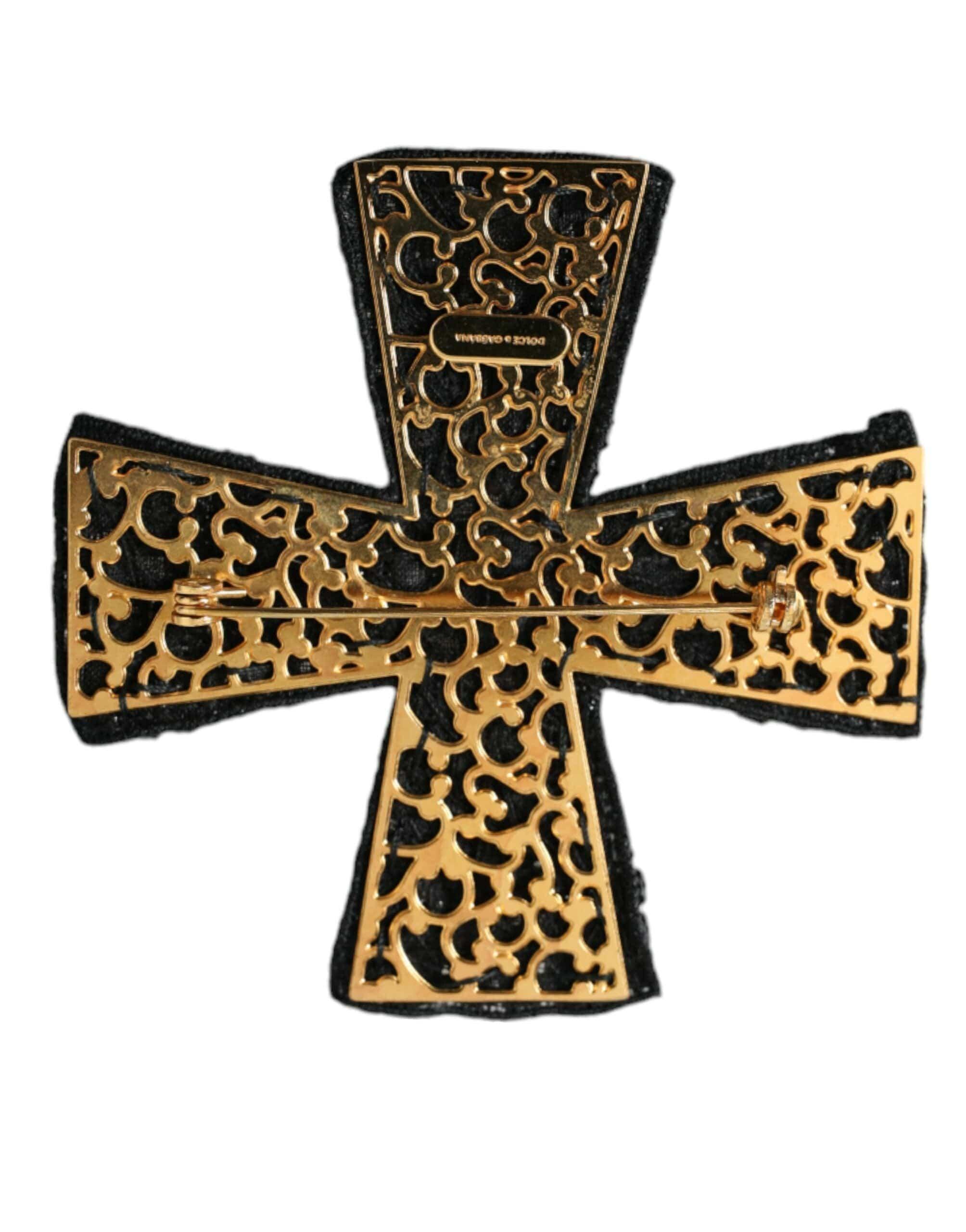 Dolce & Gabbana Brooches Dolce & Gabbana Black Crystals Embellished Cross Pin Brooch