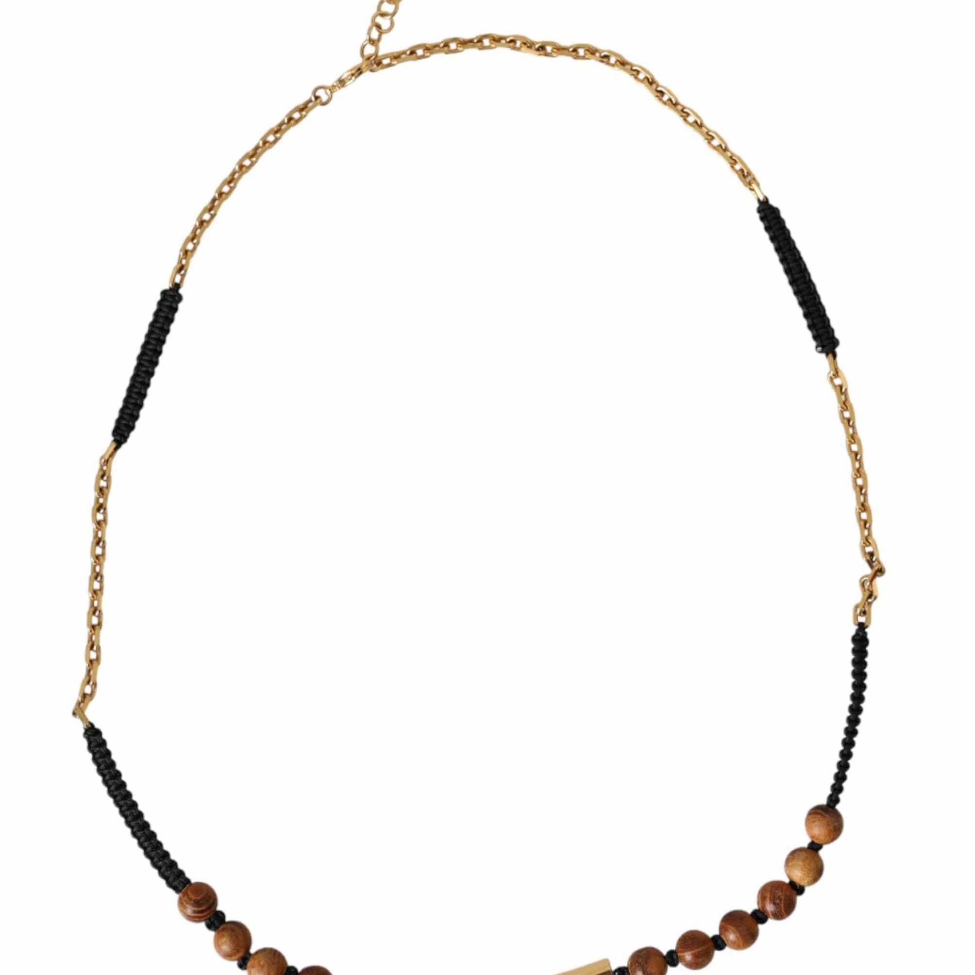 Dolce & Gabbana Necklaces Dolce & Gabbana Black Gold Wooden Beaded Logo Pendant