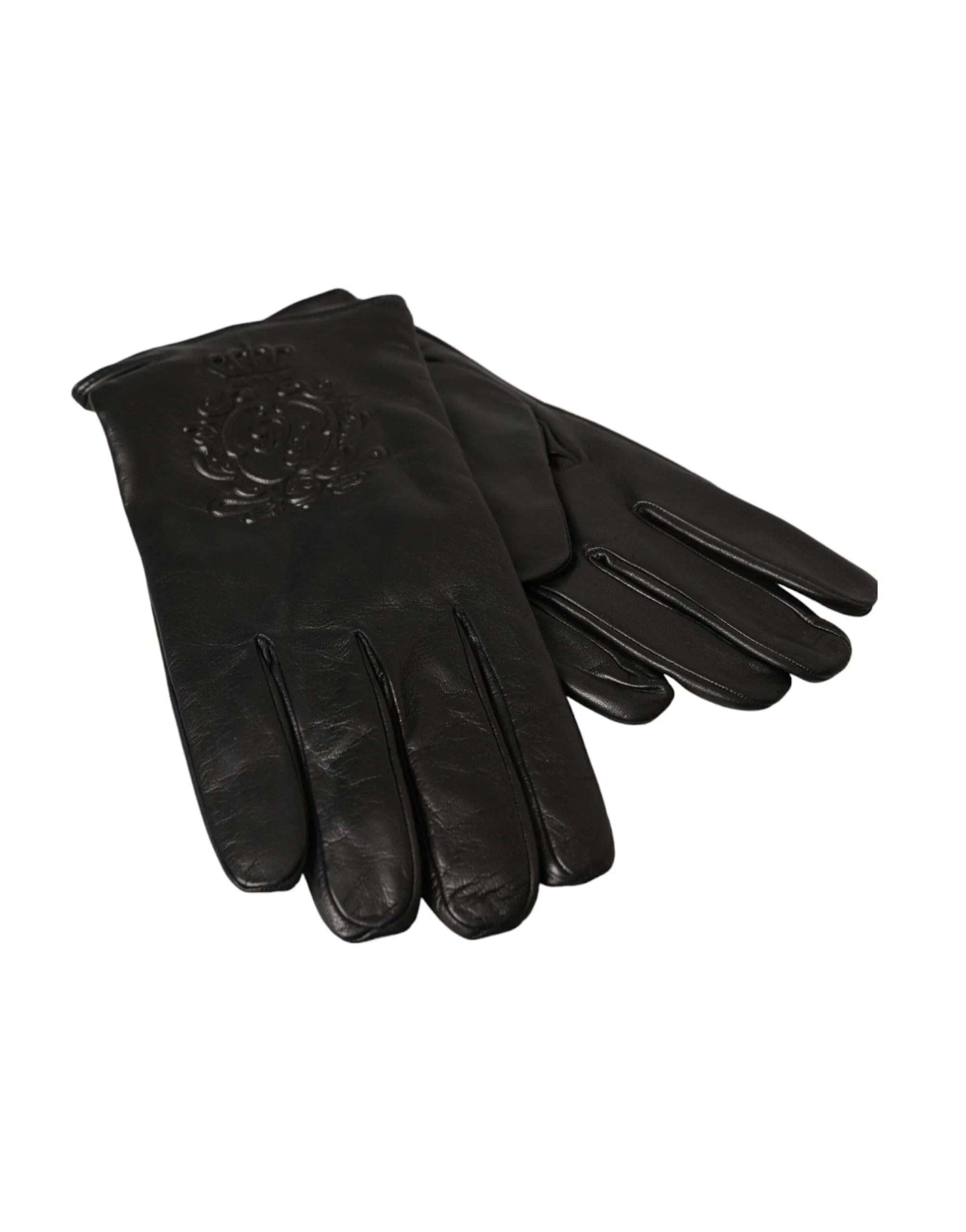 Dolce & Gabbana Gloves Dolce & Gabbana Black Leather Embossed Logo Short Hands Gloves