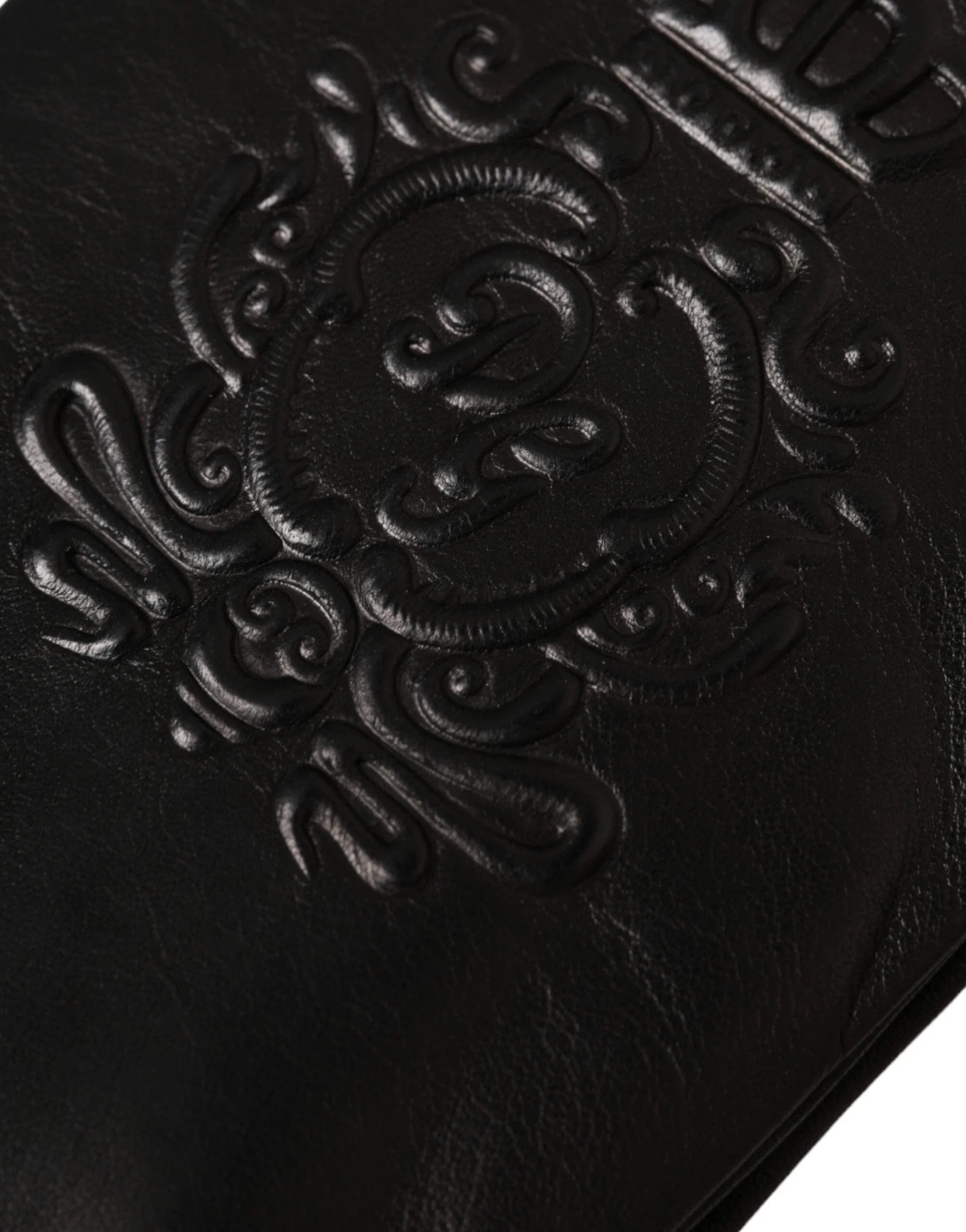Dolce & Gabbana Gloves Dolce & Gabbana Black Leather Embossed Logo Short Hands Gloves