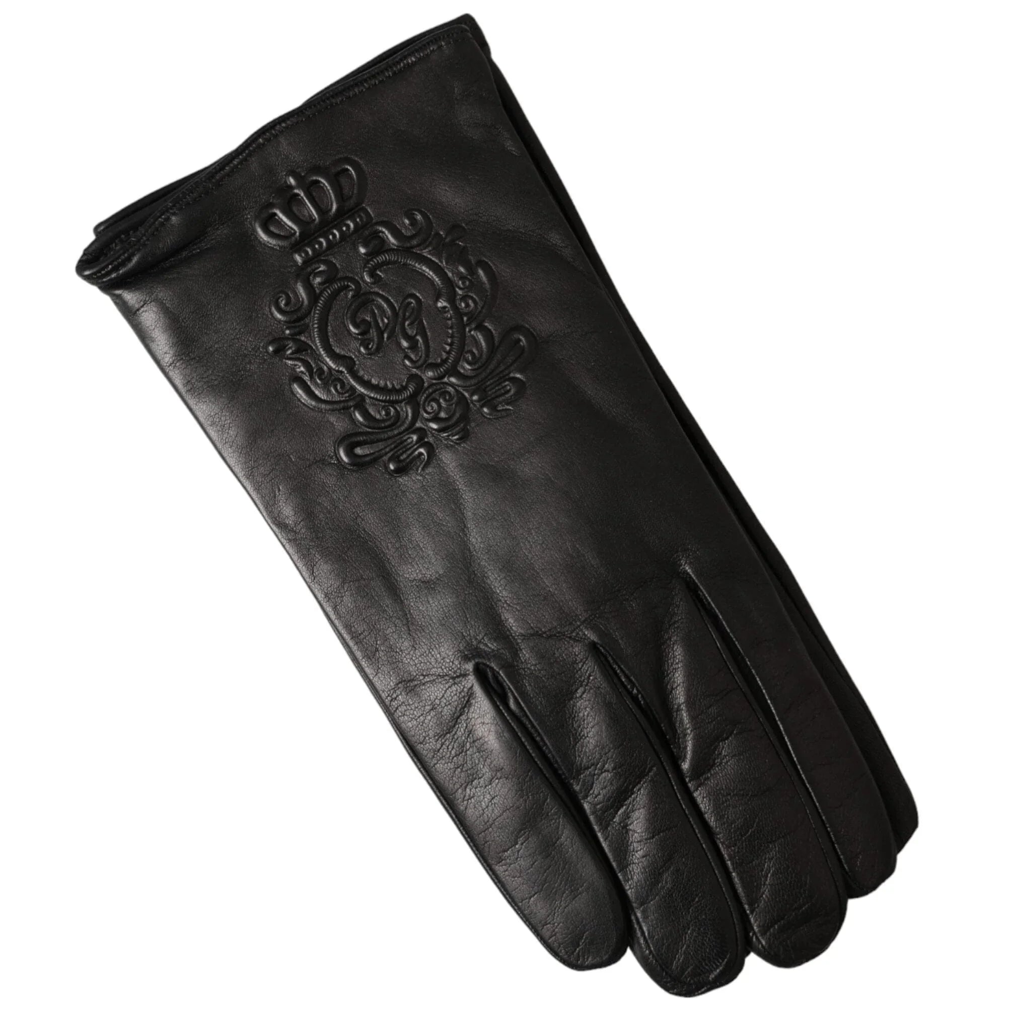 Dolce & Gabbana Gloves Dolce & Gabbana Black Leather Embossed Logo Short Hands Gloves