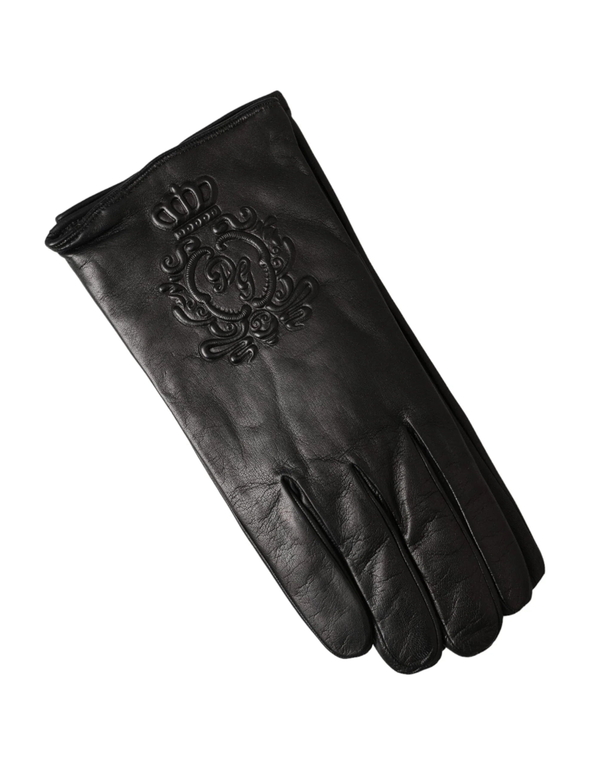 Dolce & Gabbana Gloves Dolce & Gabbana Black Leather Embossed Logo Short Hands Gloves