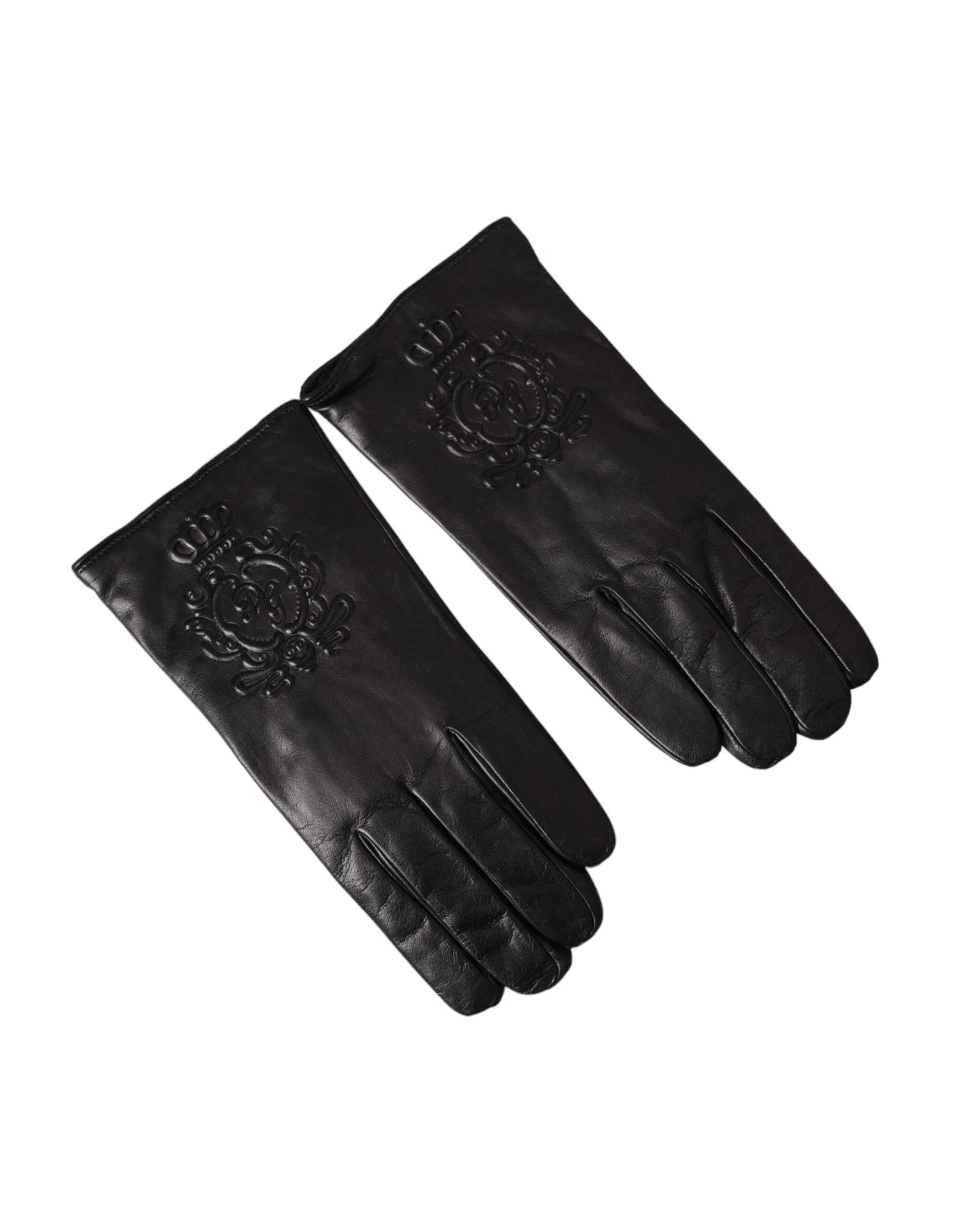 Dolce & Gabbana Gloves Dolce & Gabbana Black Leather Embossed Logo Short Hands Gloves