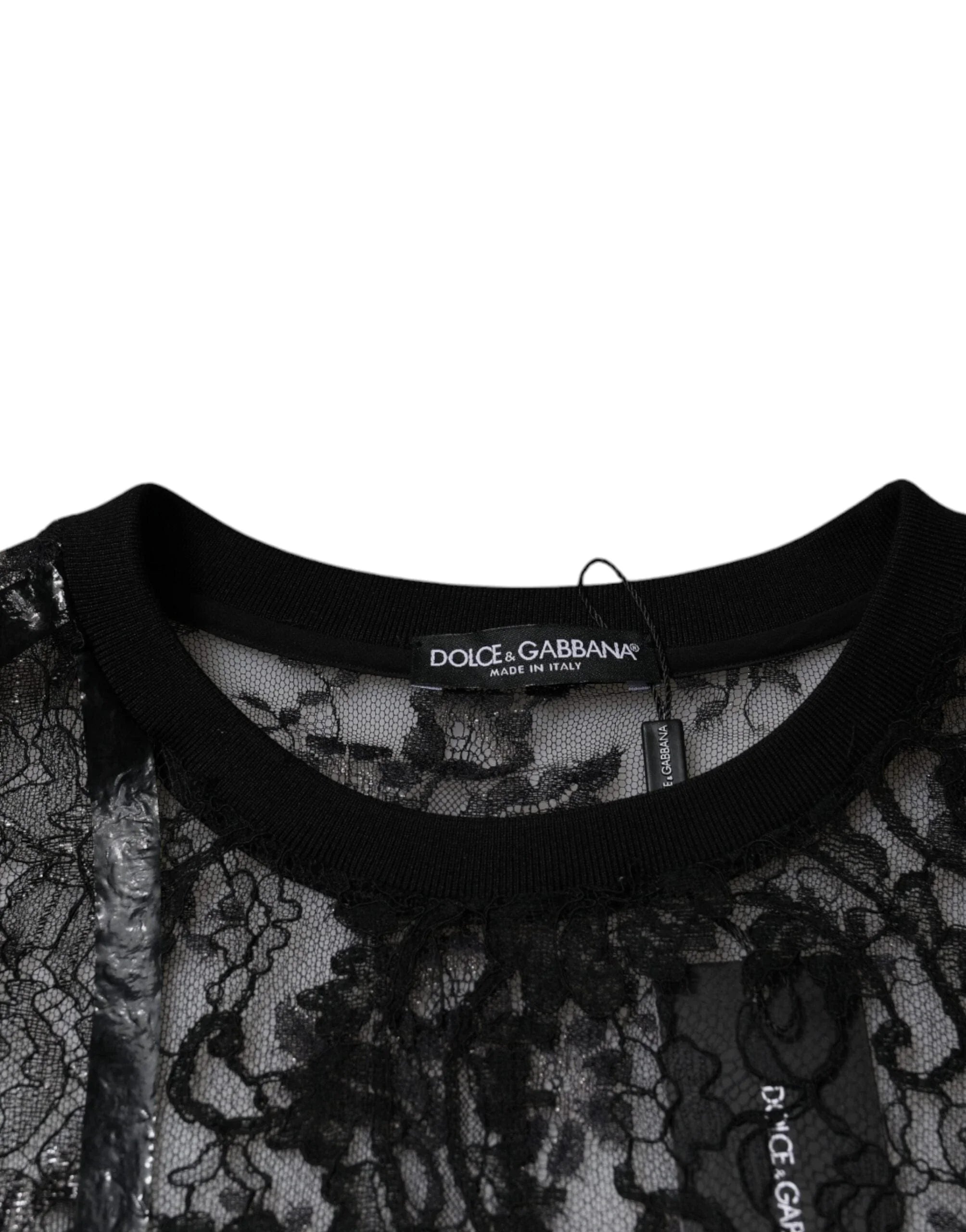 Dolce & Gabbana T-Shirts IT50 | L Dolce & Gabbana Black Nylon Floral Lace Crew Neck T-shirt