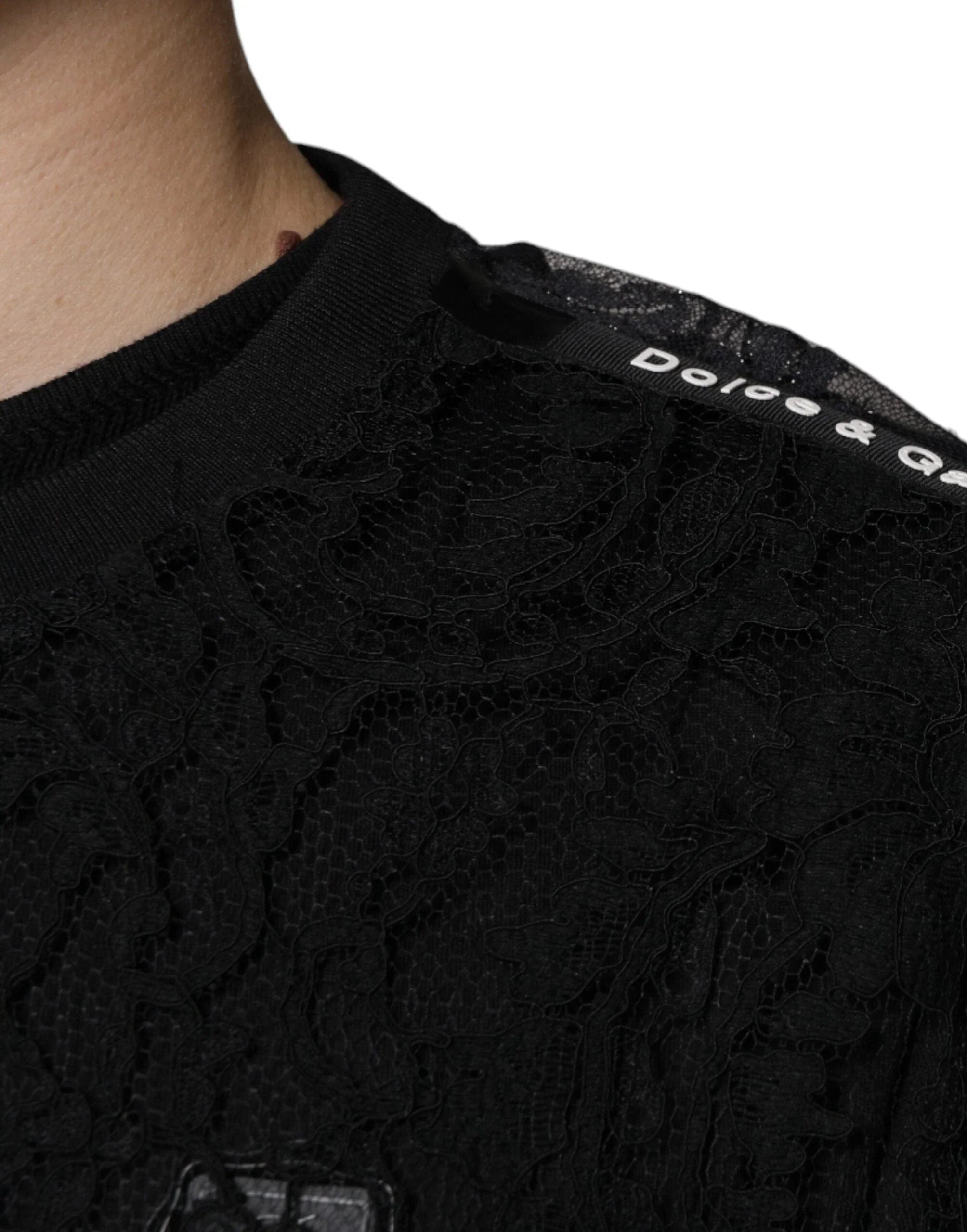 Dolce & Gabbana T-Shirts IT50 | L Dolce & Gabbana Black Nylon Floral Lace Crew Neck T-shirt