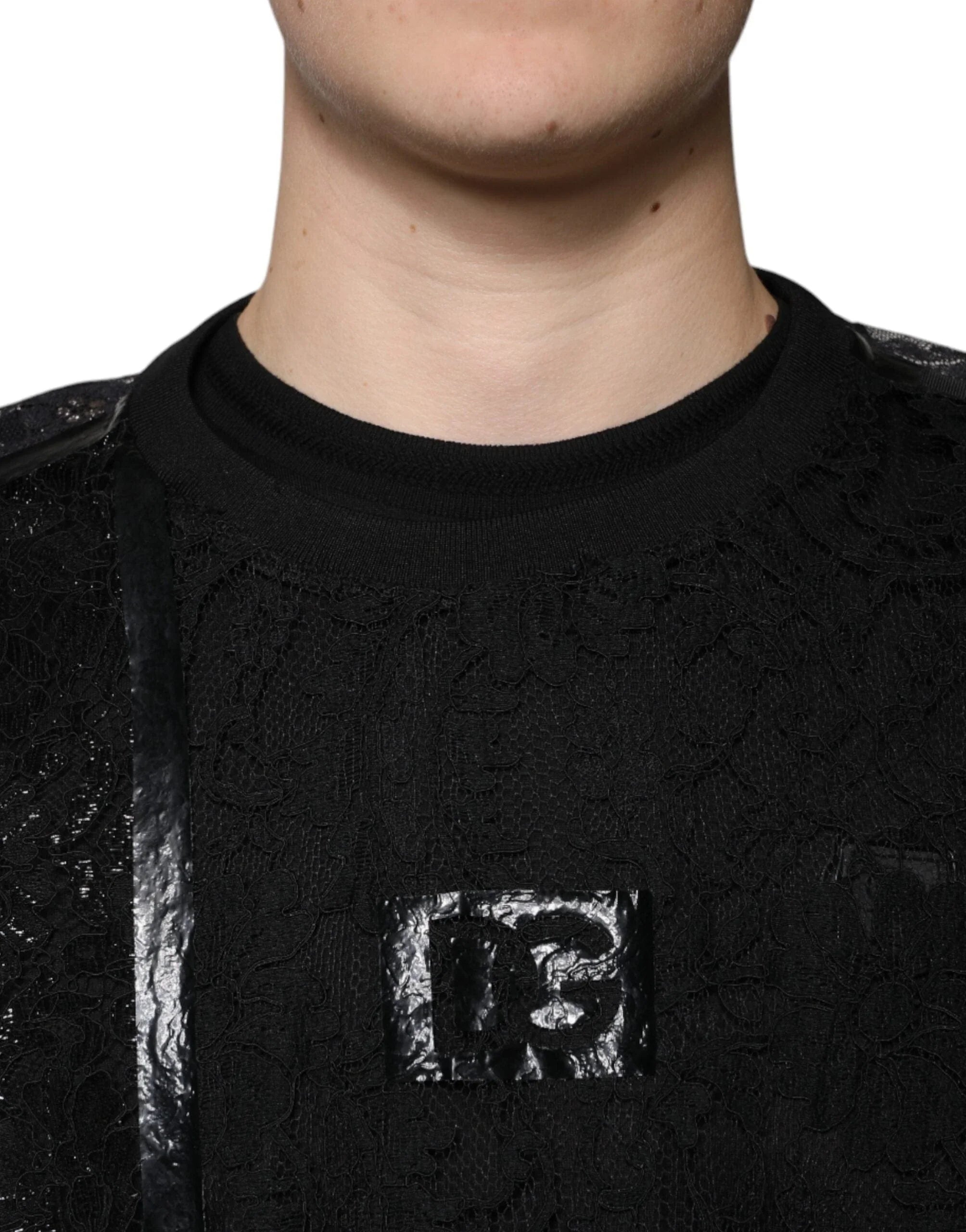 Dolce & Gabbana T-Shirts IT50 | L Dolce & Gabbana Black Nylon Floral Lace Crew Neck T-shirt