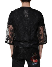 Dolce & Gabbana T-Shirts IT50 | L Dolce & Gabbana Black Nylon Floral Lace Crew Neck T-shirt