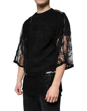 Dolce & Gabbana T-Shirts IT50 | L Dolce & Gabbana Black Nylon Floral Lace Crew Neck T-shirt