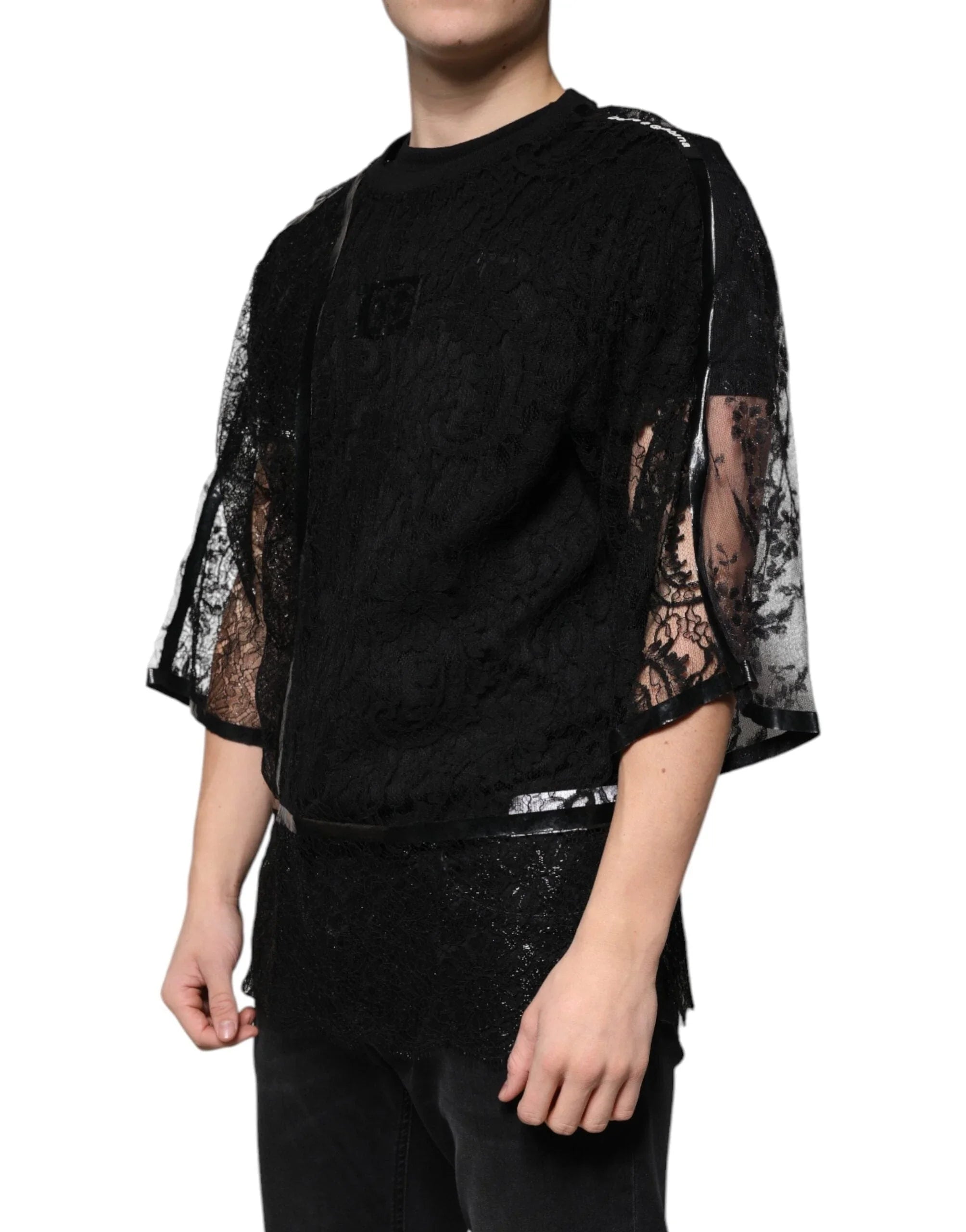 Dolce & Gabbana T-Shirts IT50 | L Dolce & Gabbana Black Nylon Floral Lace Crew Neck T-shirt