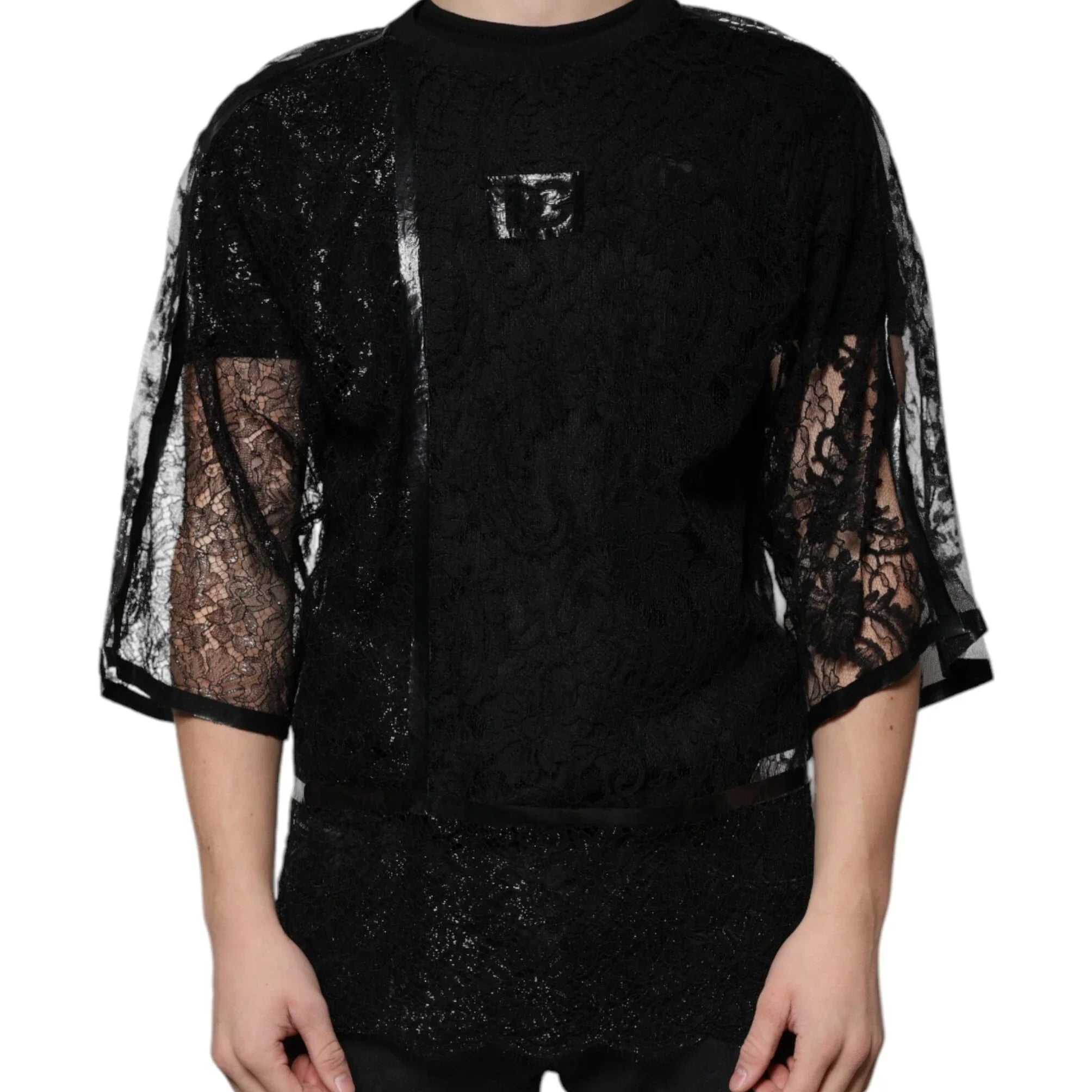Dolce & Gabbana T-Shirts IT50 | L Dolce & Gabbana Black Nylon Floral Lace Crew Neck T-shirt