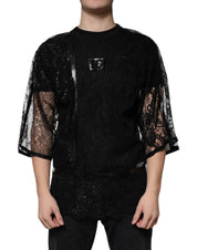 Dolce & Gabbana T-Shirts IT50 | L Dolce & Gabbana Black Nylon Floral Lace Crew Neck T-shirt