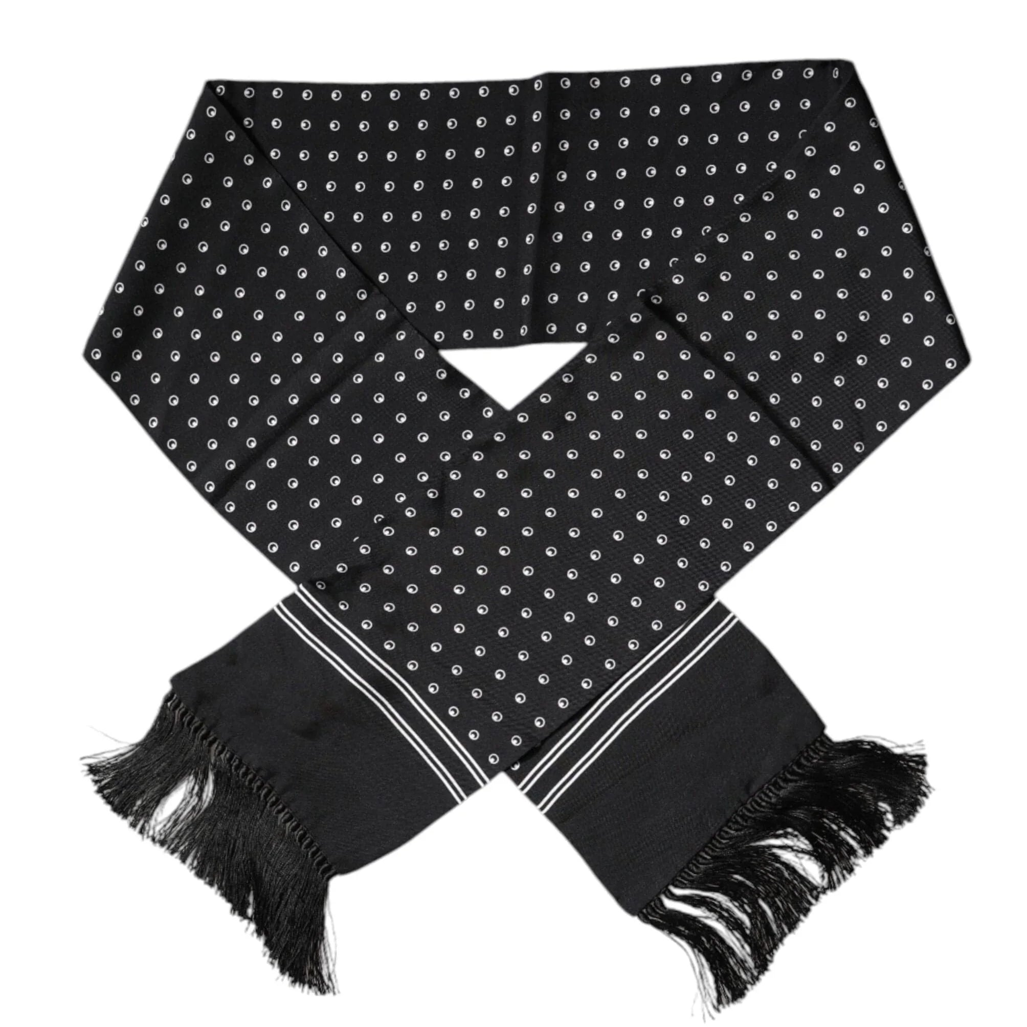 Dolce & Gabbana Dolce & Gabbana Black White Polka Dotted Silk Skinny Fringes Scarf