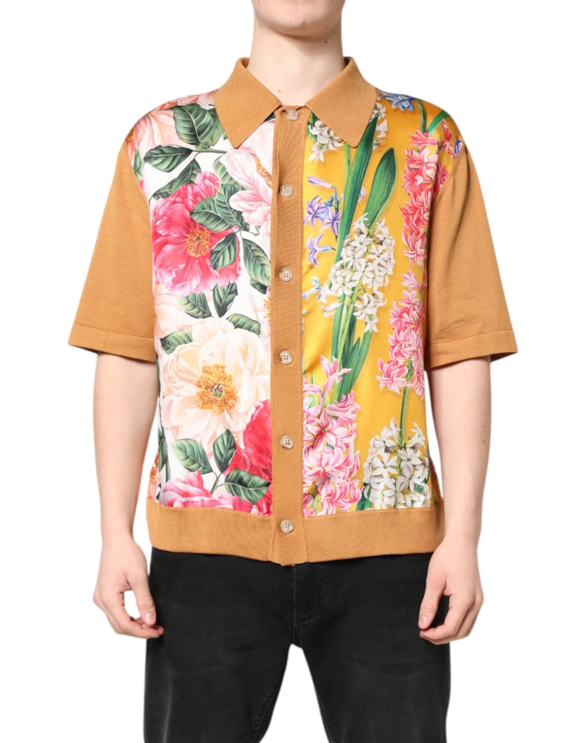 Dolce & Gabbana Premium Polos IT48 | M Dolce & Gabbana Brown Floral Collared Short Sleeve T-shirt