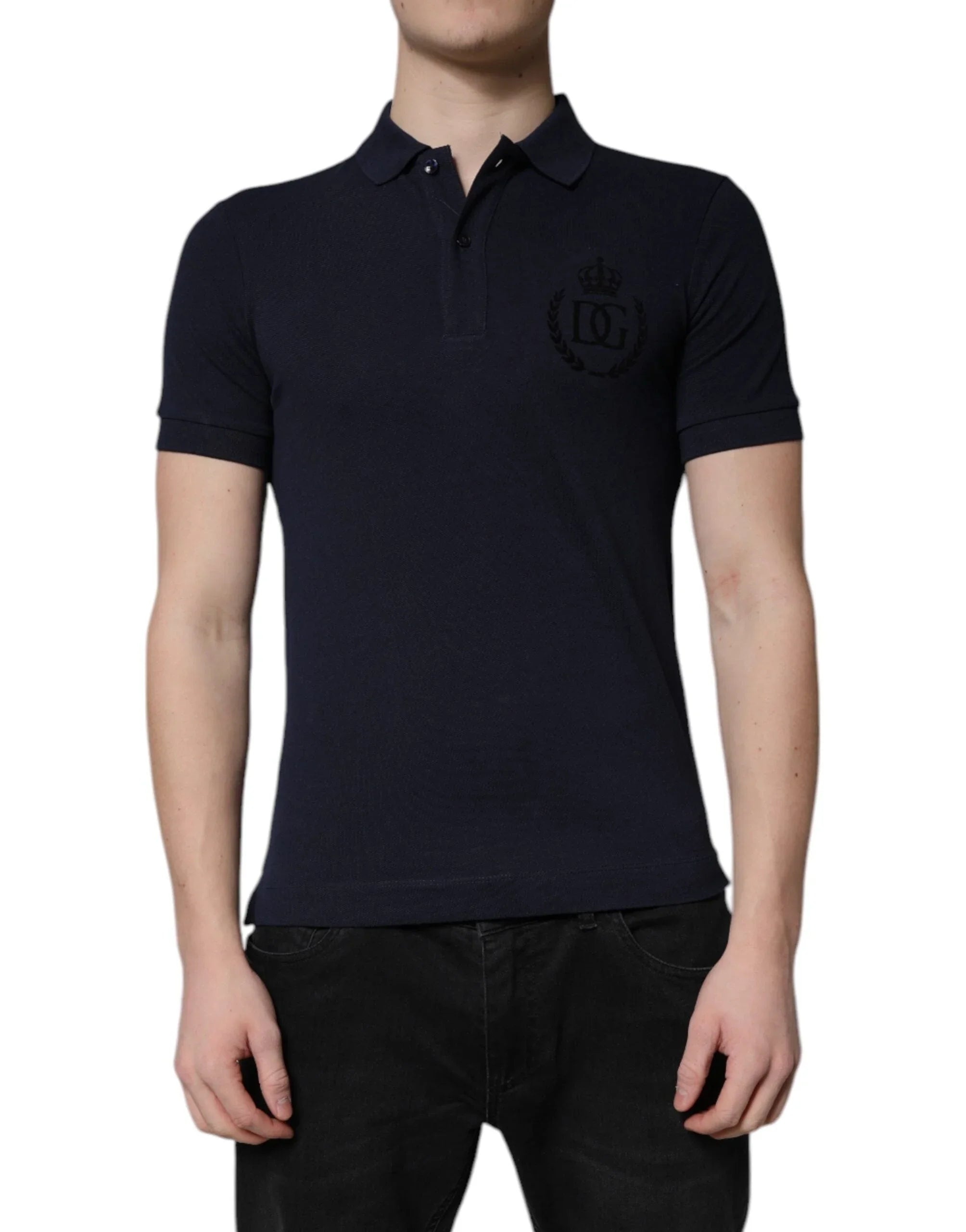 Dolce & Gabbana Premium Polos IT44 | XS Dolce & Gabbana Dark Blue Cotton Crown Collared Polo T-shirt