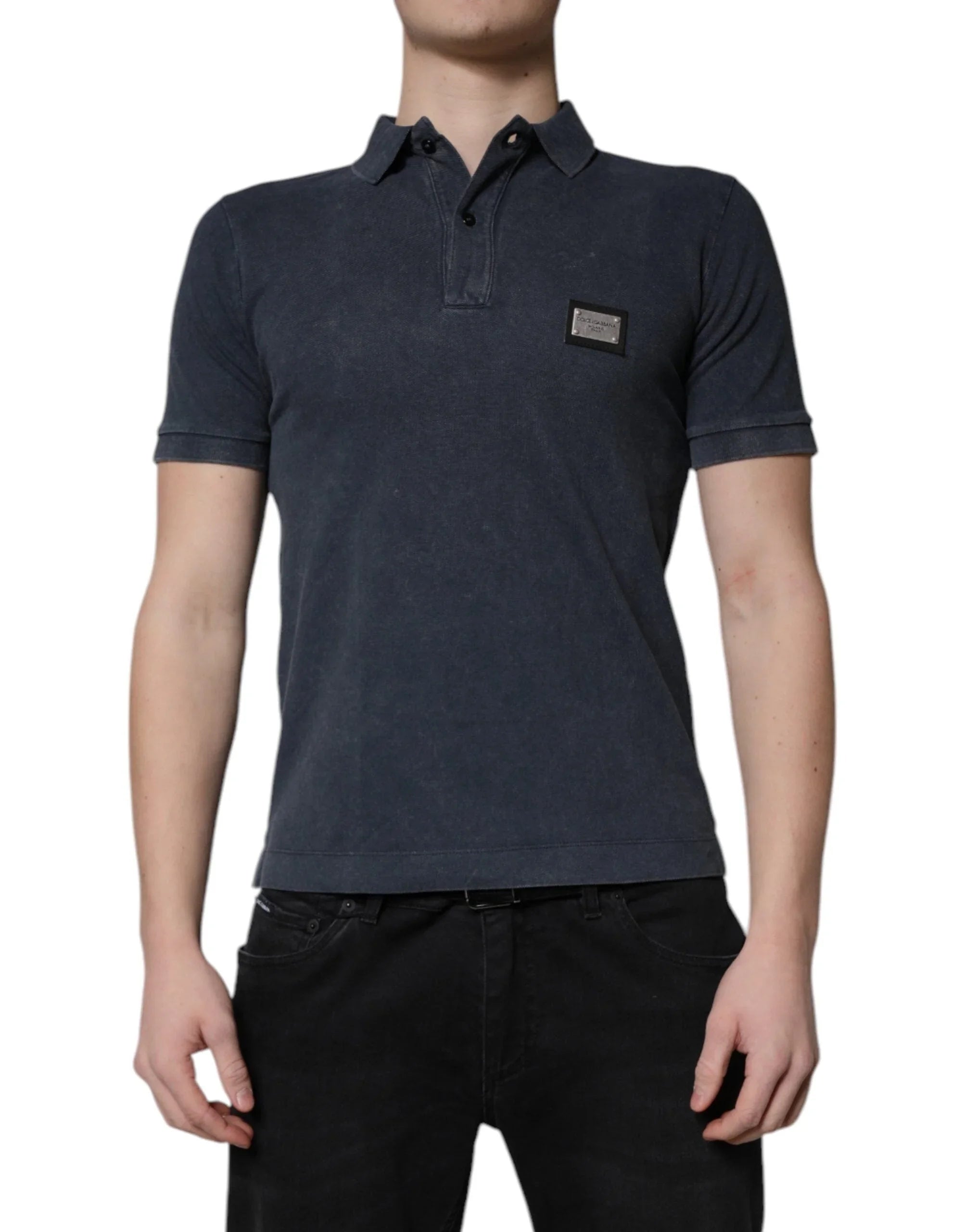 Dolce & Gabbana Premium Polos Dolce & Gabbana Dark Blue Logo Plaque Cotton Men Polo Shirt T-shirt