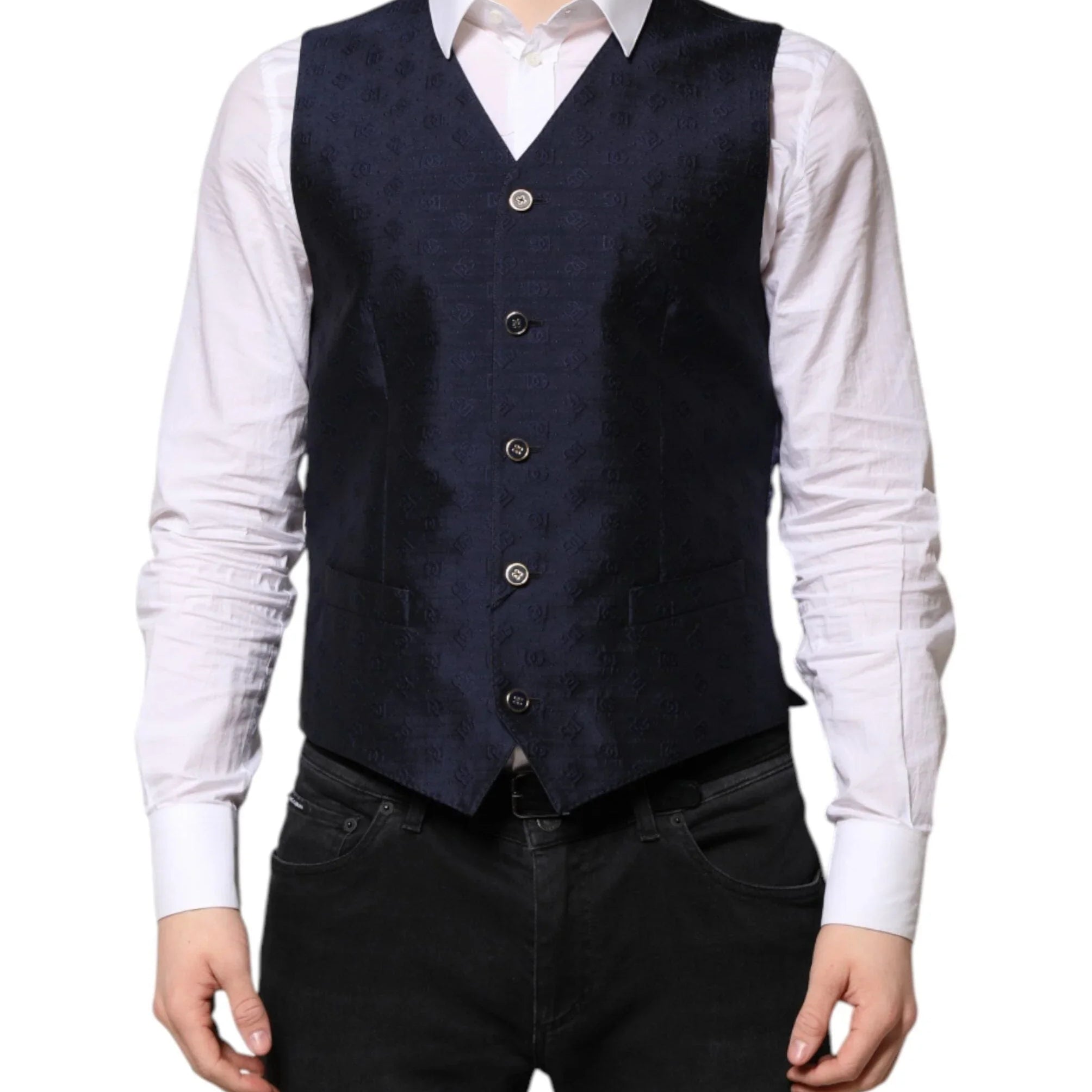 Dolce & Gabbana IT48 | M Dolce & Gabbana Dark Blue Logo Wool Formal Men Waistcoat Vest