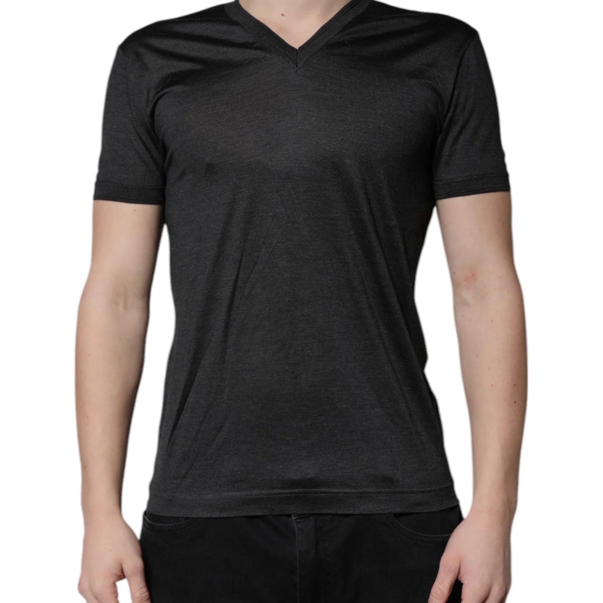 Dolce & Gabbana T-Shirts IT46 | S Dolce & Gabbana Dark Gray Silk V-neck Short Sleeves T-shirt