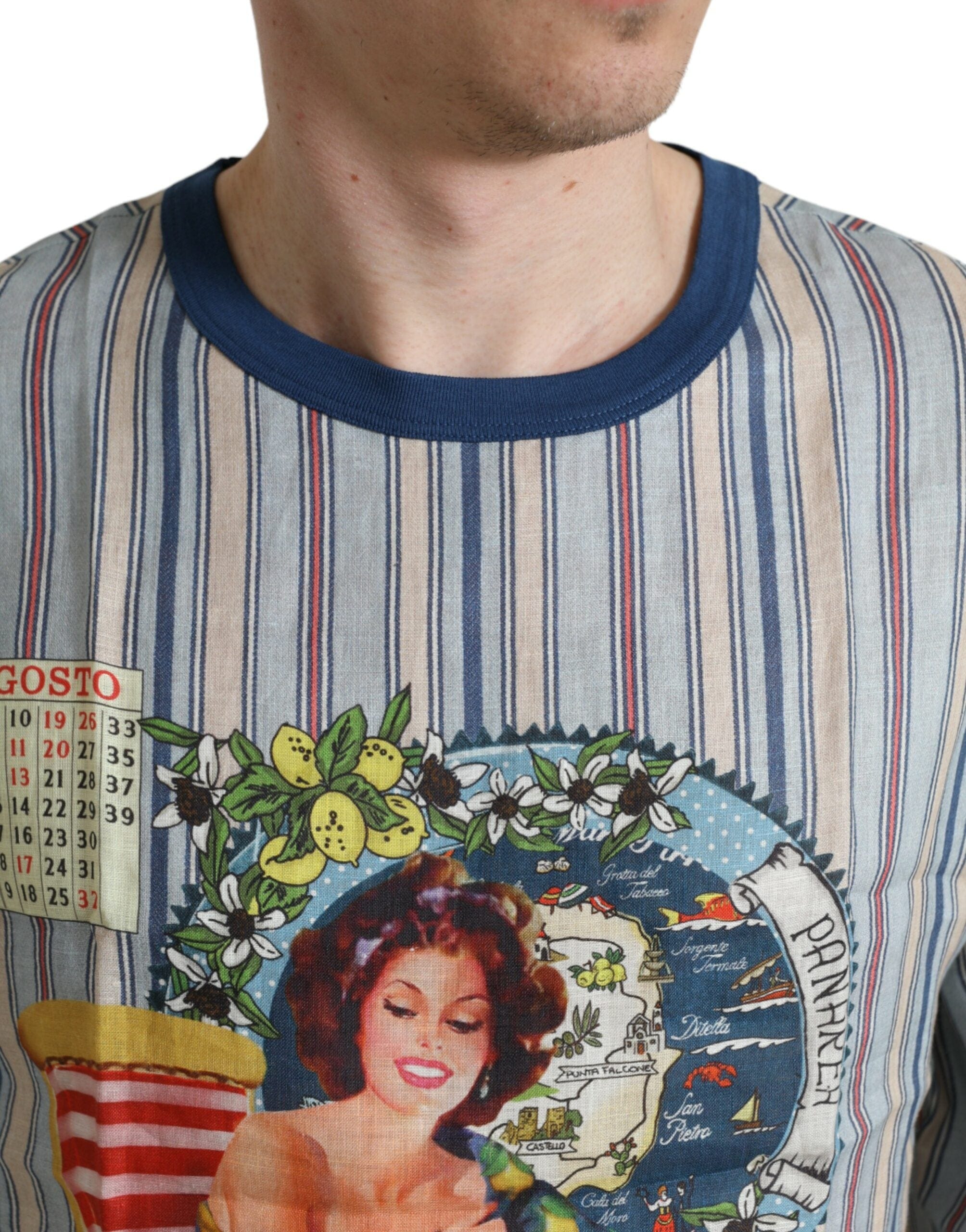 Dolce & Gabbana T-Shirts IT48 | M Dolce & Gabbana Elegant Linen T-Shirt with AGOSTO Motif