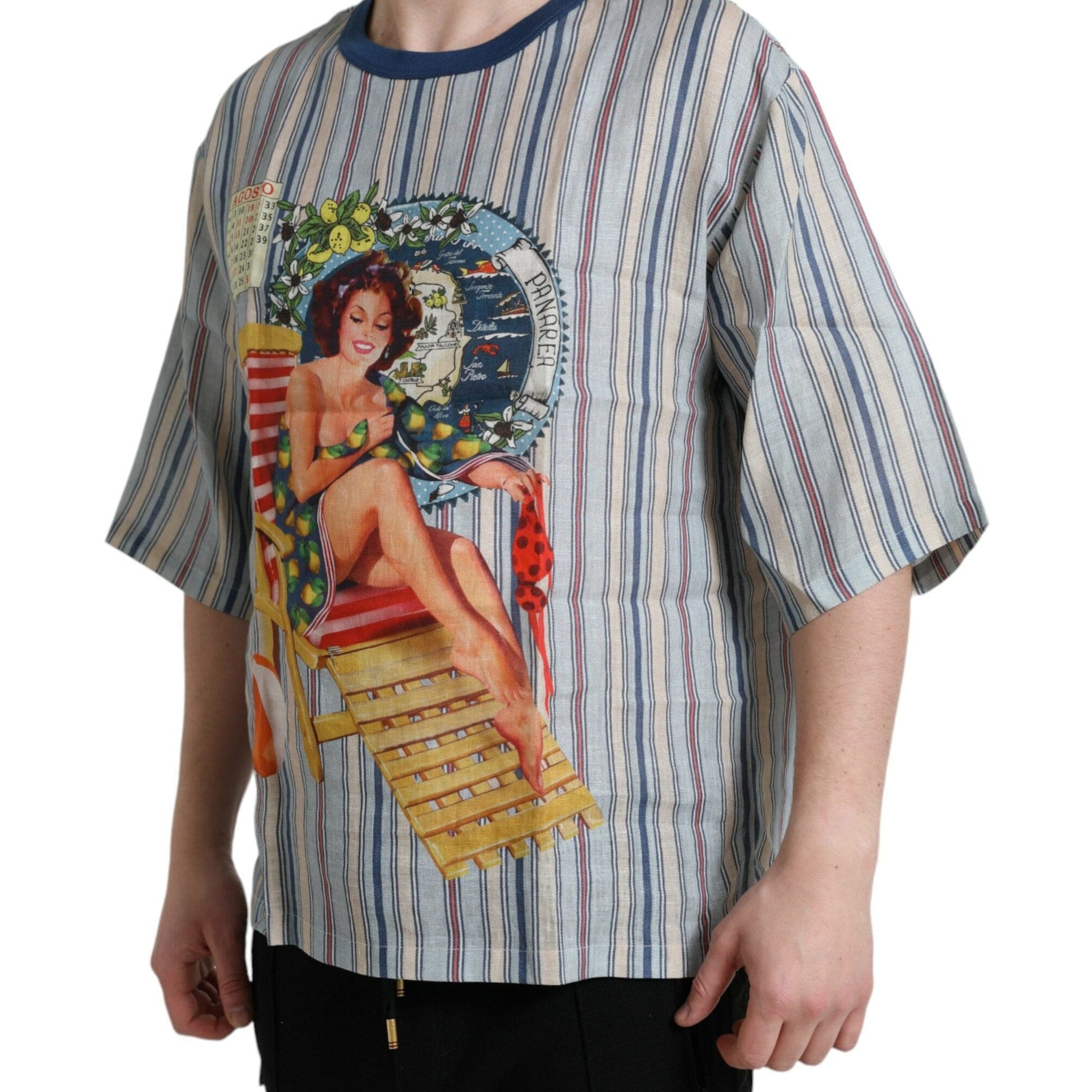 Dolce & Gabbana T-Shirts IT48 | M Dolce & Gabbana Elegant Linen T-Shirt with AGOSTO Motif