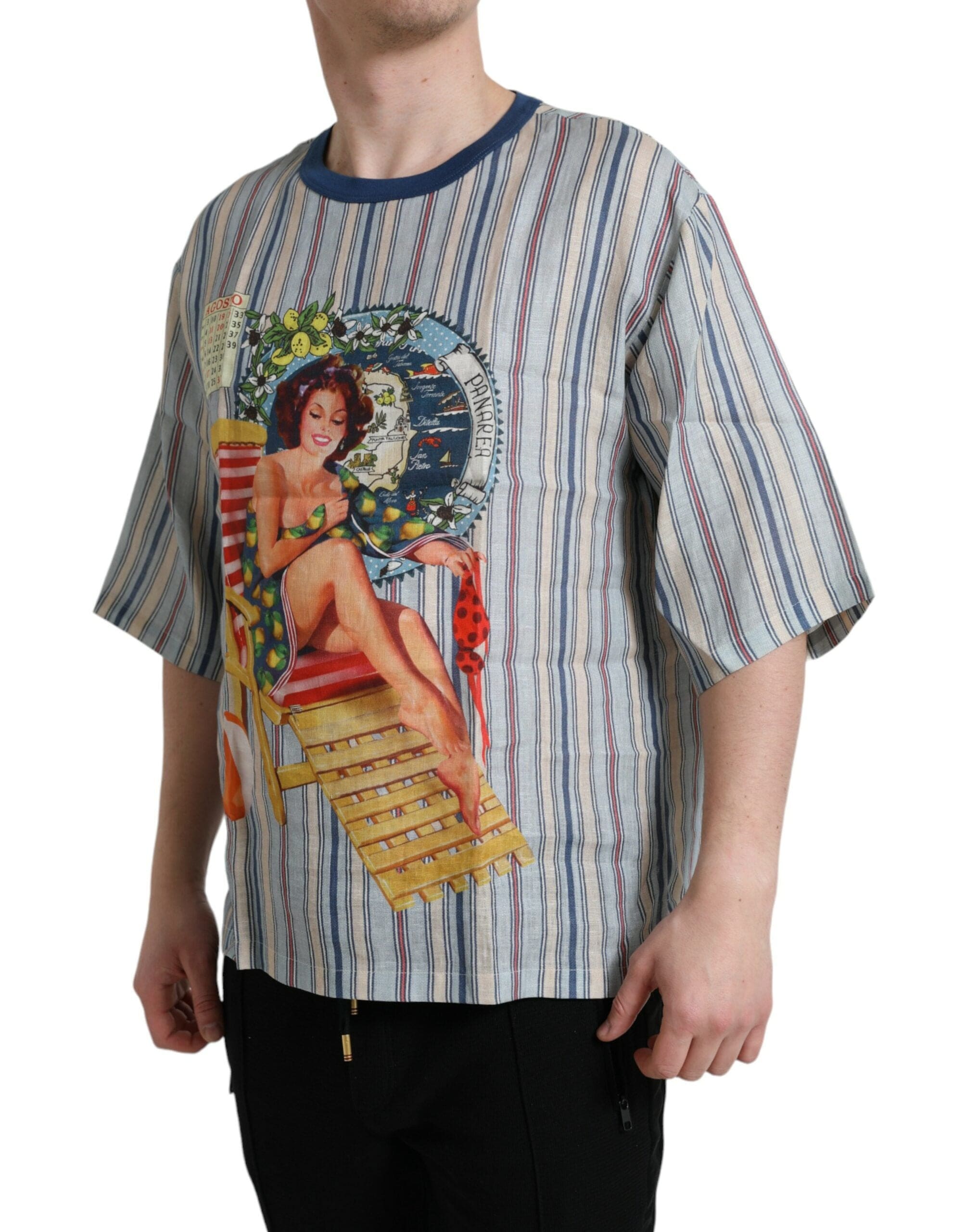 Dolce & Gabbana T-Shirts IT48 | M Dolce & Gabbana Elegant Linen T-Shirt with AGOSTO Motif