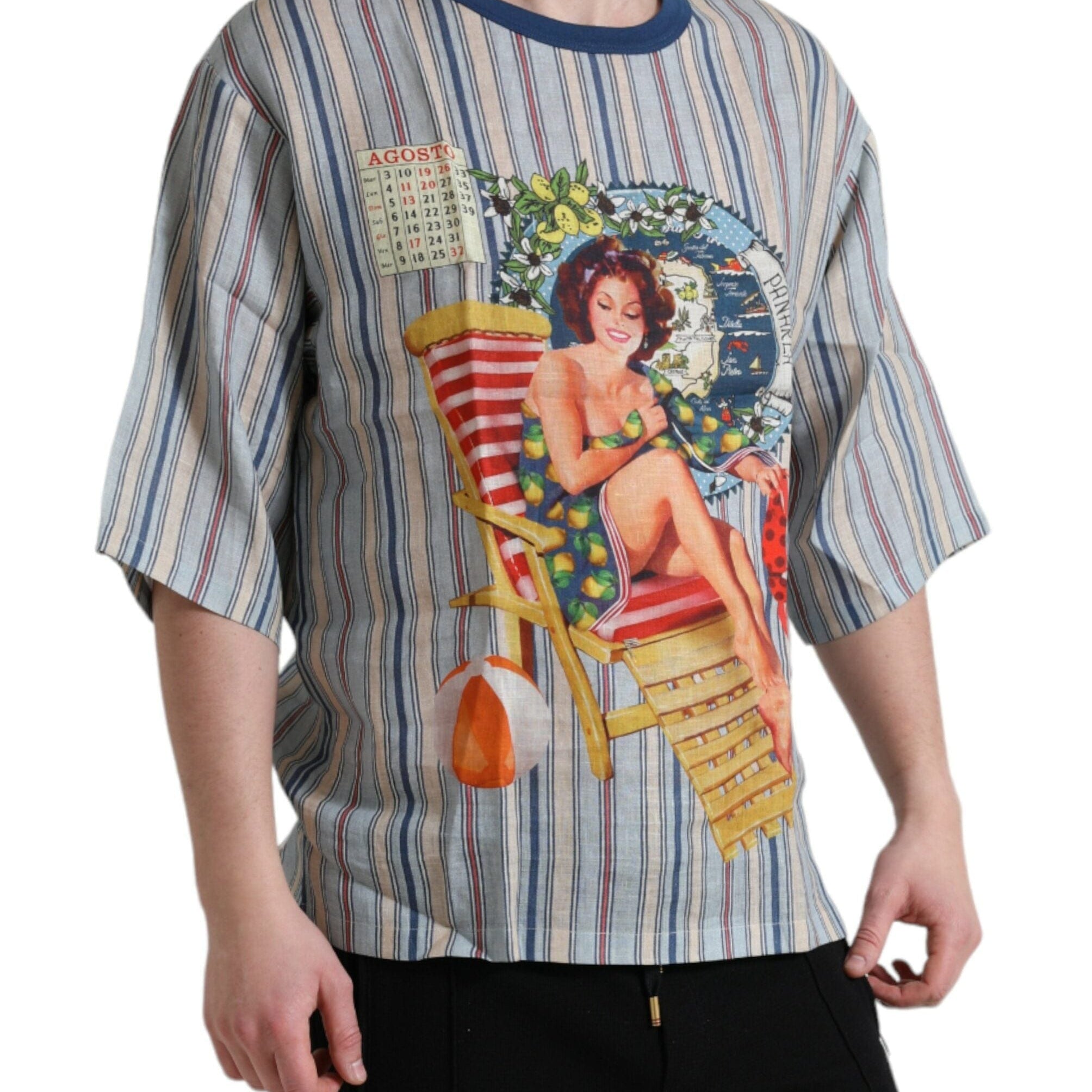 Dolce & Gabbana T-Shirts IT48 | M Dolce & Gabbana Elegant Linen T-Shirt with AGOSTO Motif