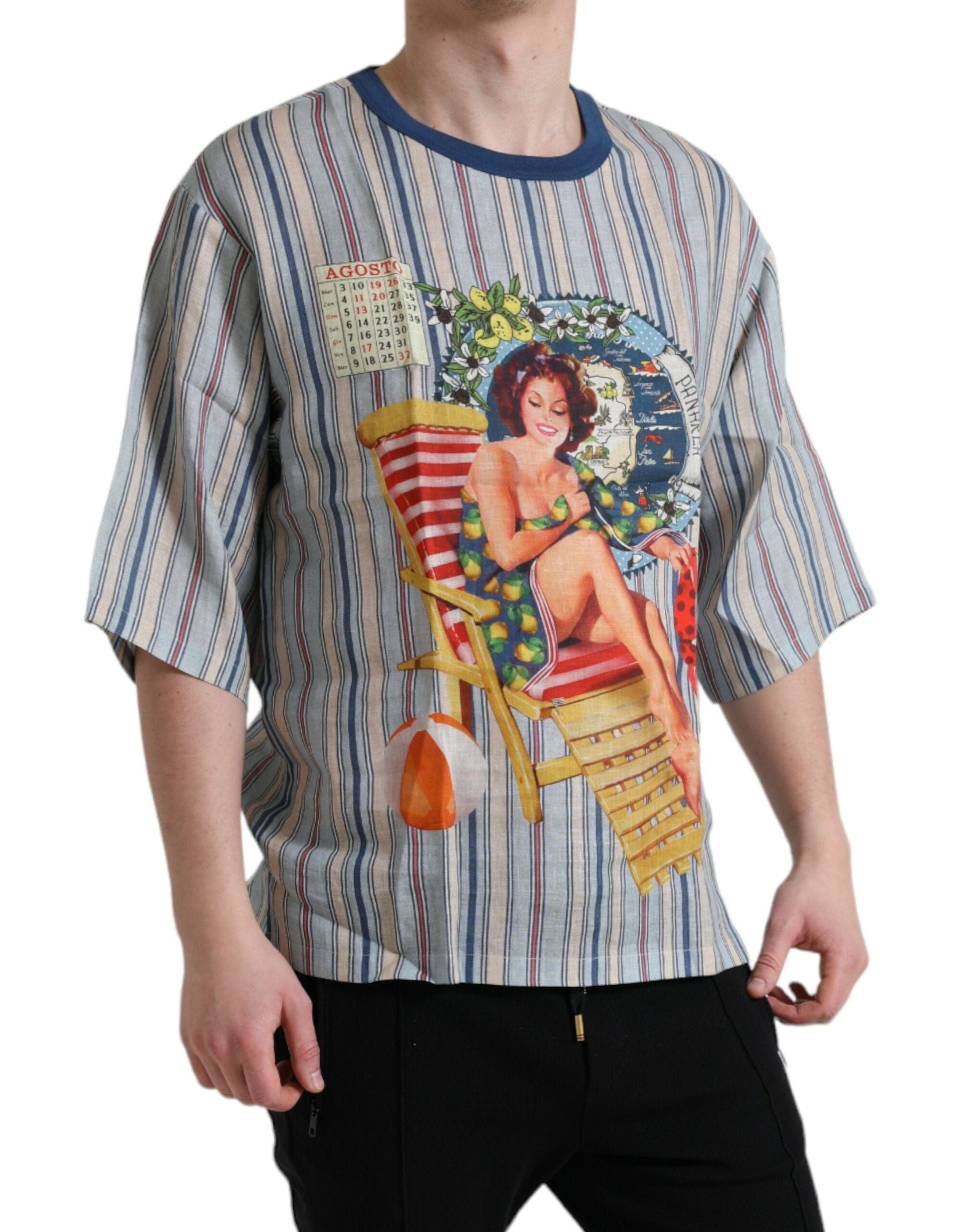 Dolce & Gabbana T-Shirts IT48 | M Dolce & Gabbana Elegant Linen T-Shirt with AGOSTO Motif
