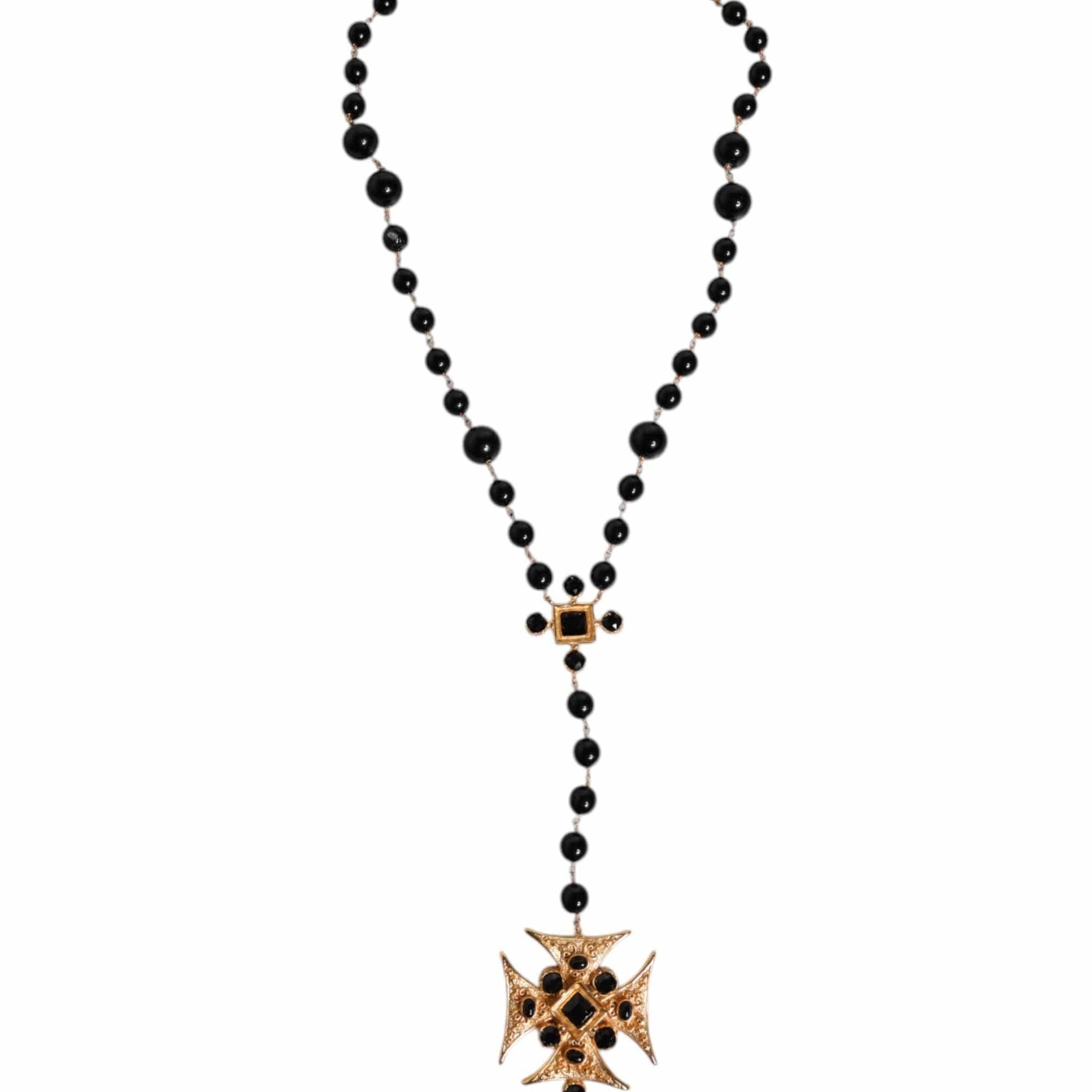 Dolce & Gabbana Dolce & Gabbana Gold Brass Black Beaded Chain Rosary Pendant Necklace
