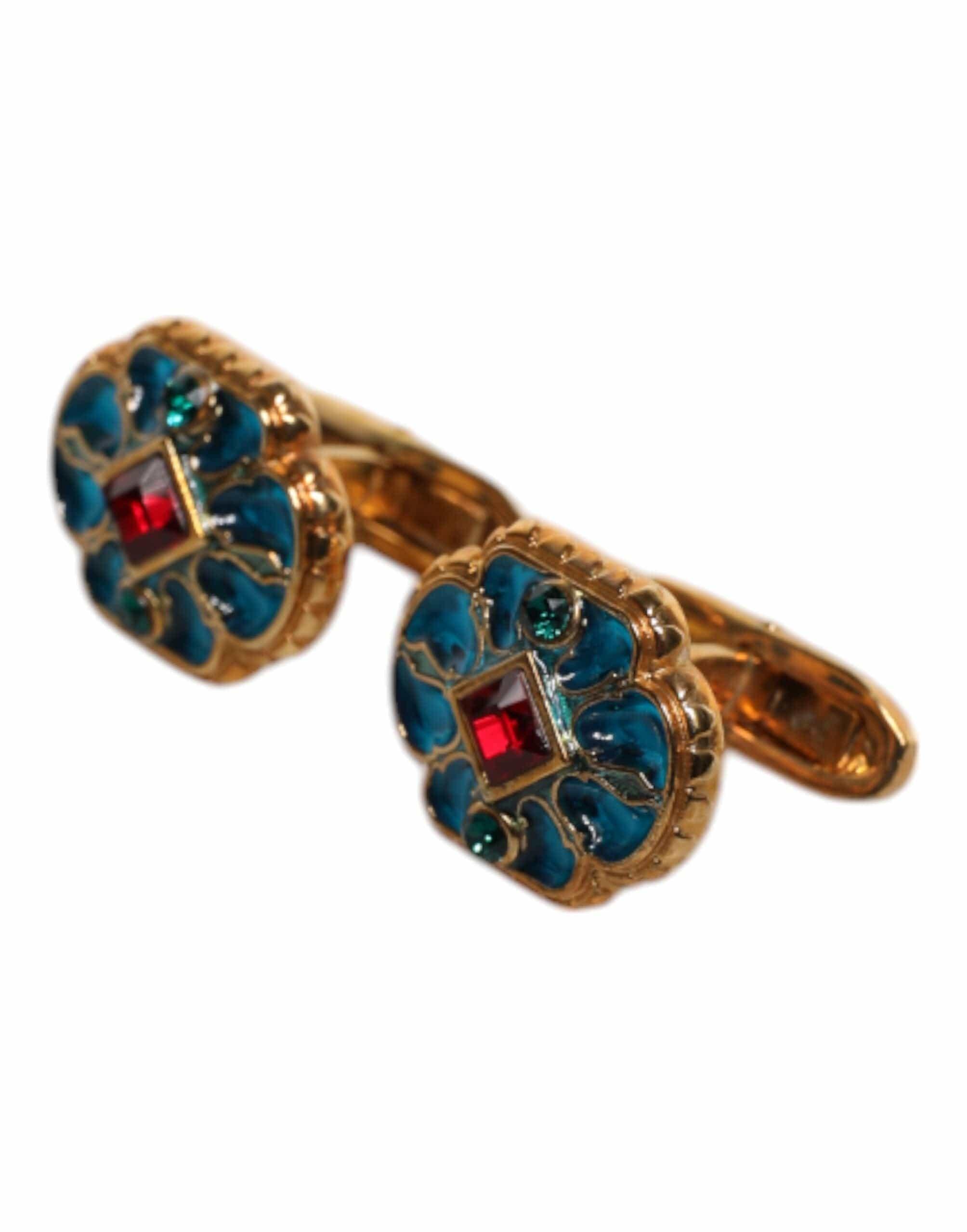 Dolce & Gabbana Dolce & Gabbana Gold Brass Blue Enameled Flower Cufflink
