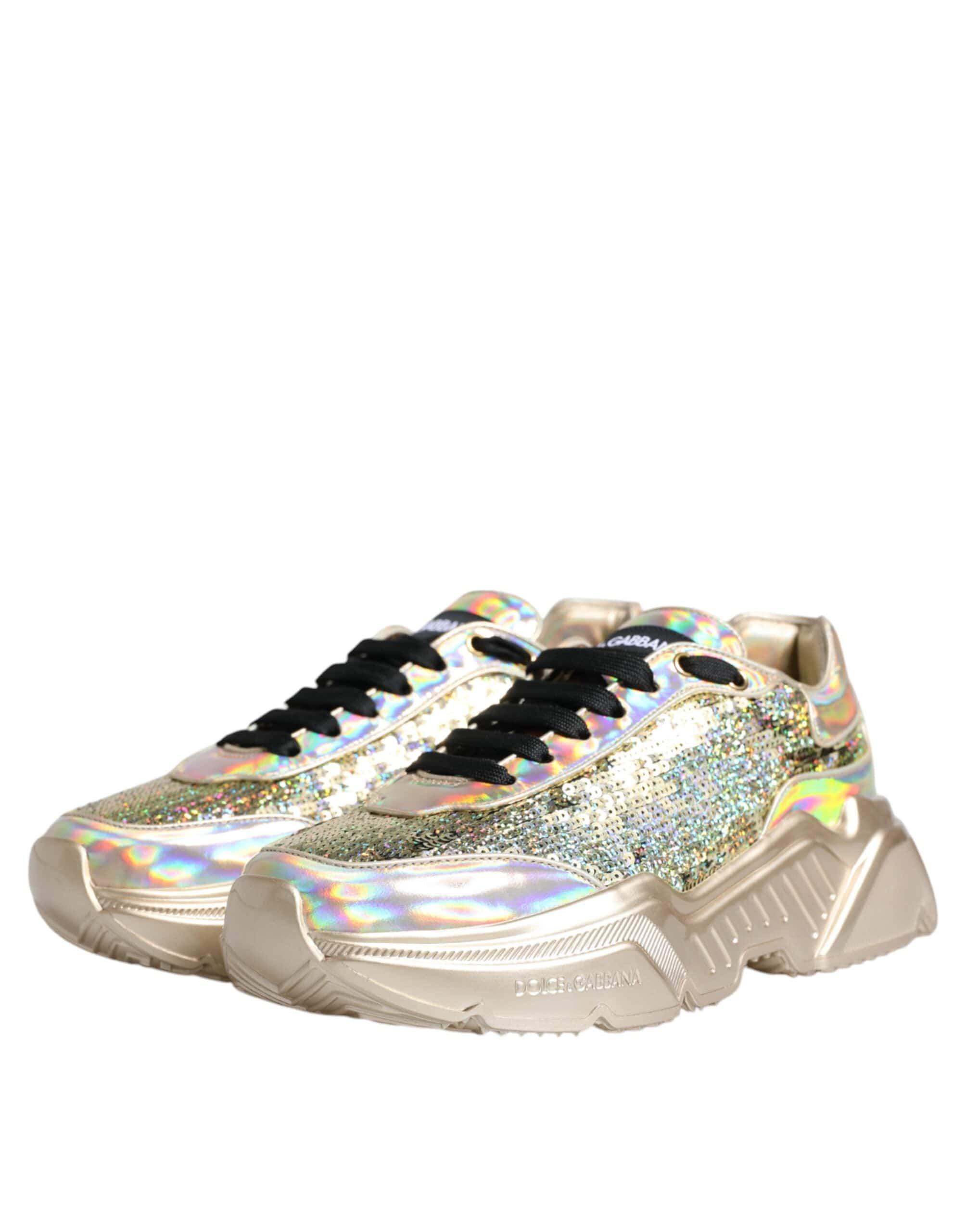 Dolce & Gabbana Sneakers Dolce & Gabbana Gold Sequin Iridiscent Daymaster Sneakers Shoes
