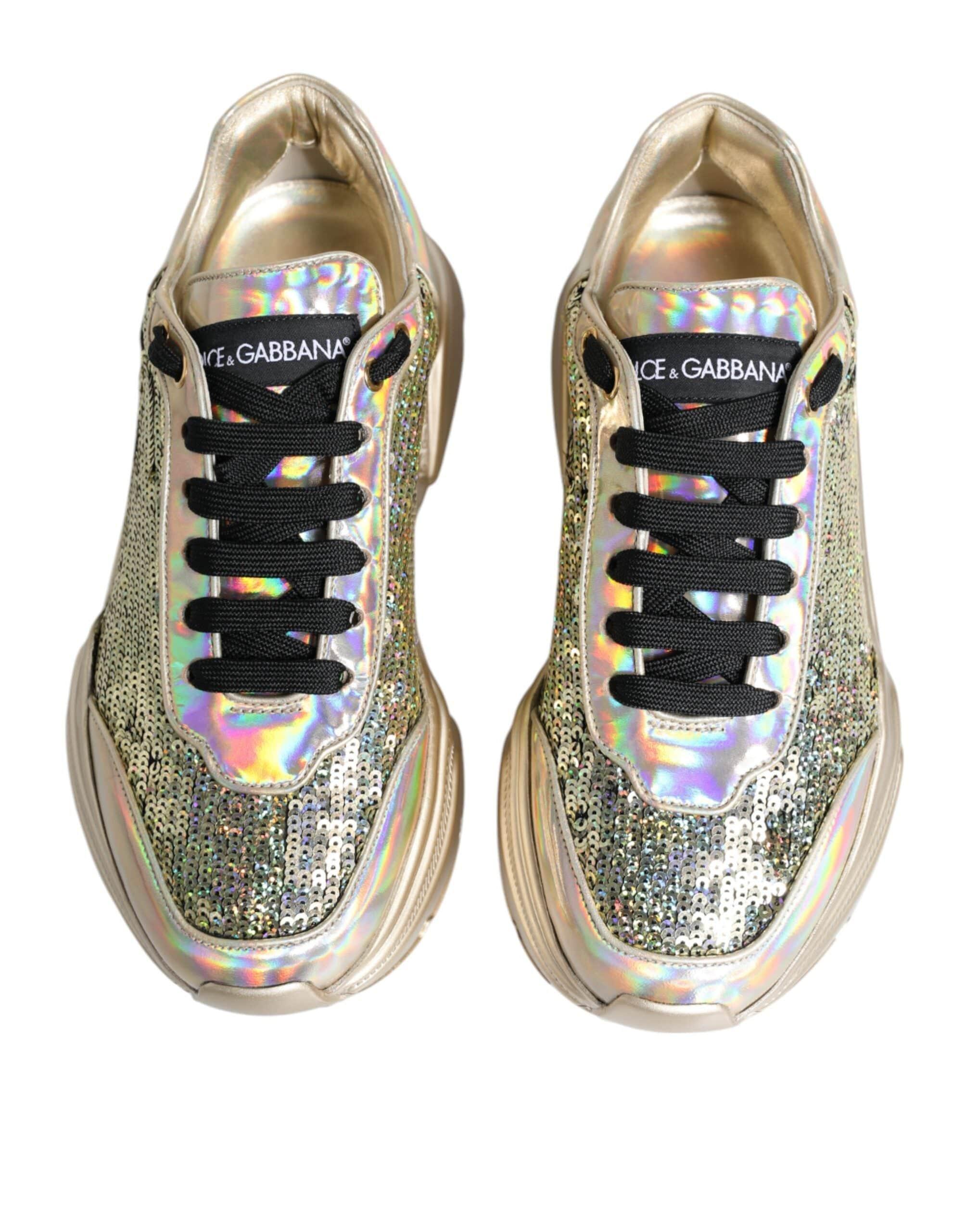Dolce & Gabbana Sneakers Dolce & Gabbana Gold Sequin Iridiscent Daymaster Sneakers Shoes