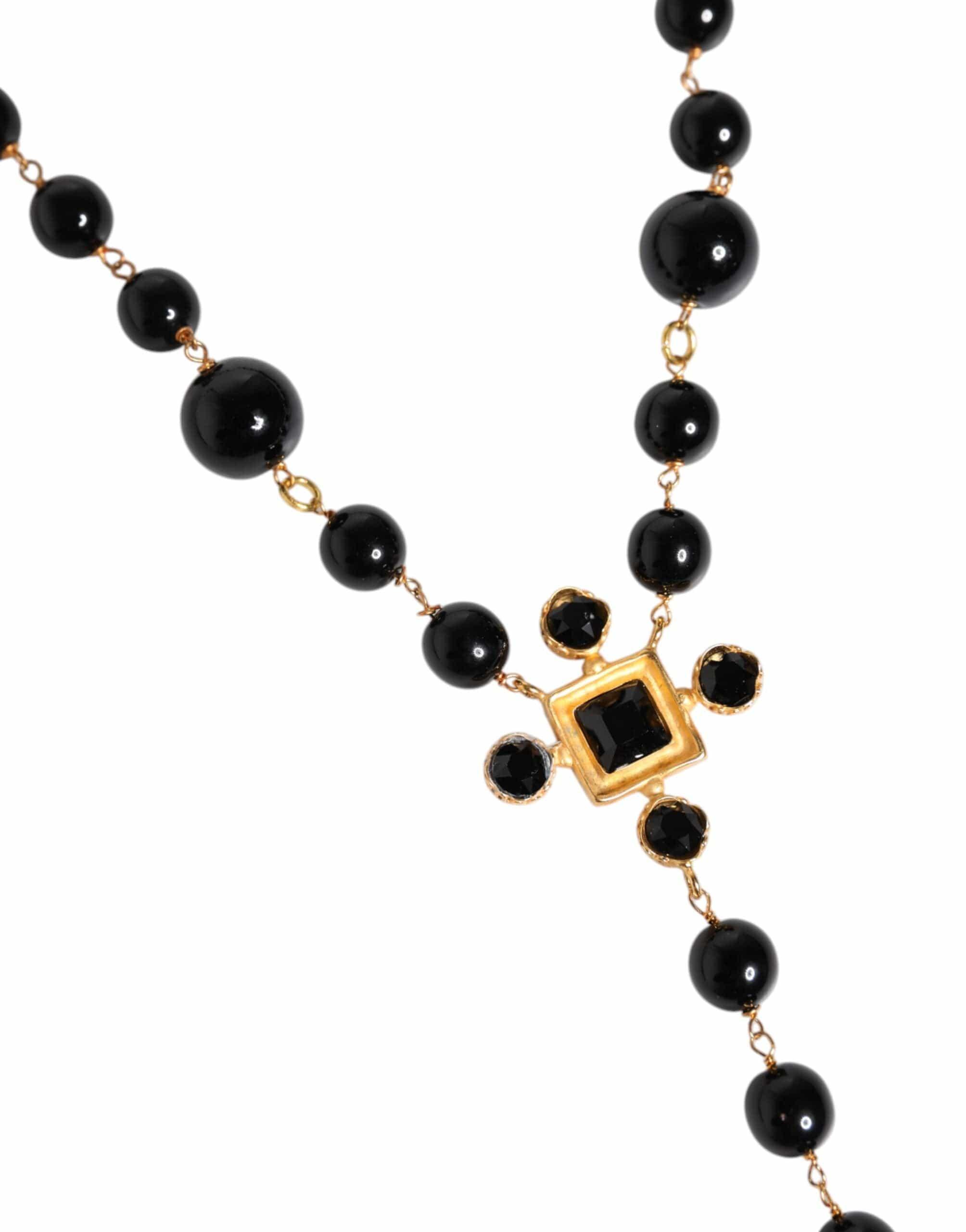 Dolce & Gabbana Dolce & Gabbana Gold Tone Brass Cross Black Beaded Chain Rosary Necklace
