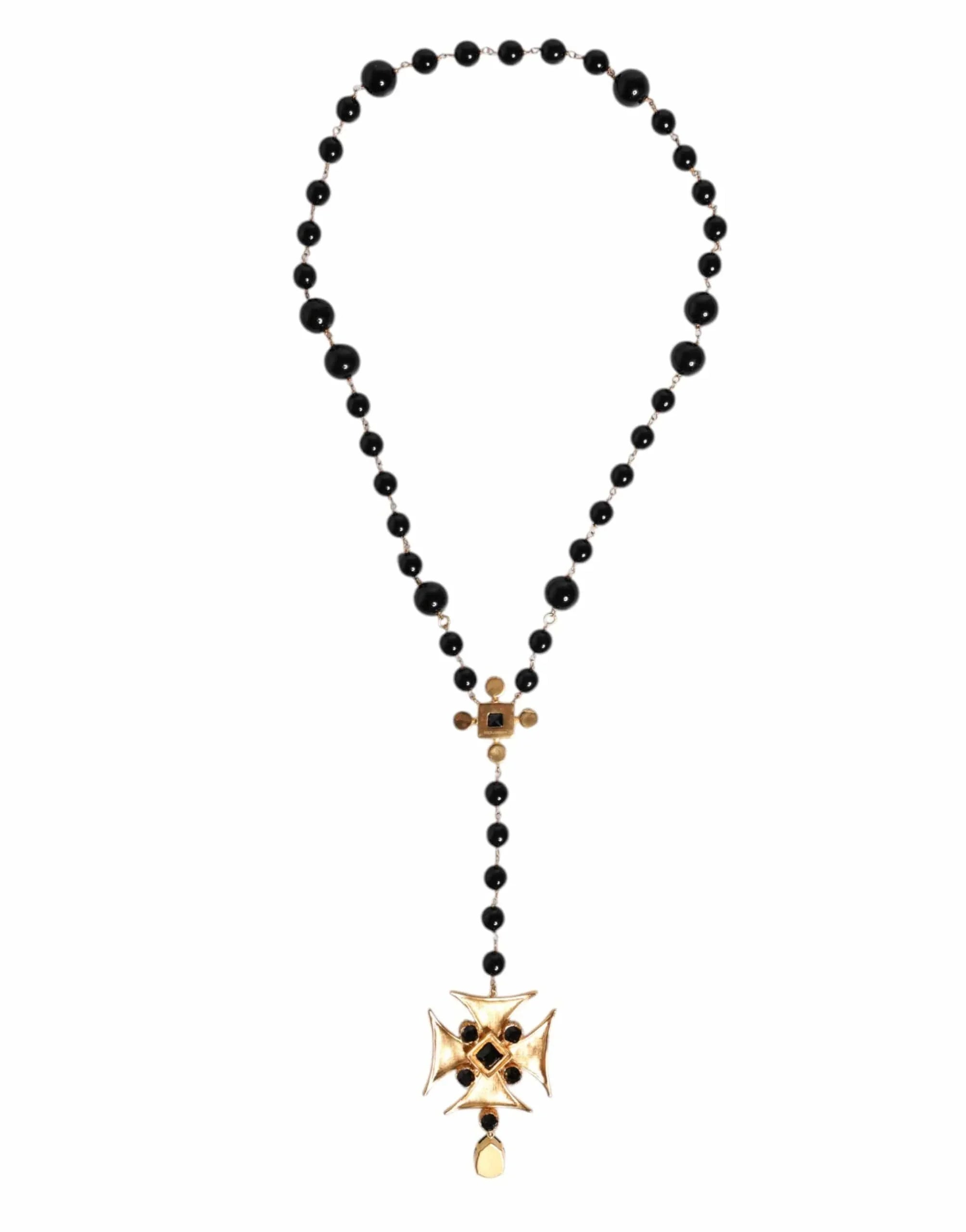 Dolce & Gabbana Dolce & Gabbana Gold Tone Brass Cross Black Beaded Chain Rosary Necklace