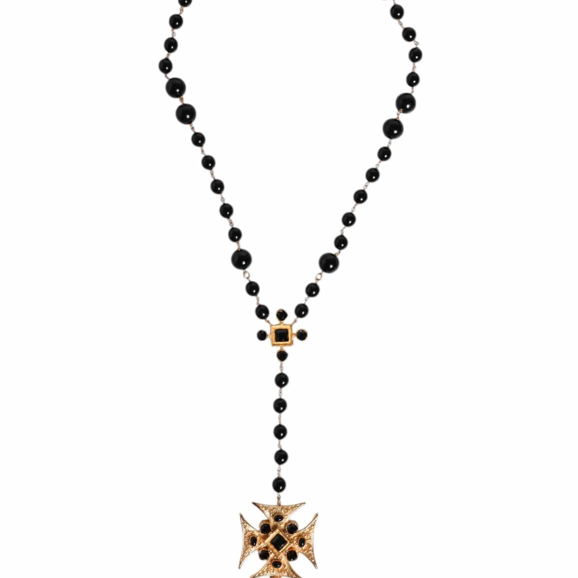 Dolce & Gabbana Dolce & Gabbana Gold Tone Brass Cross Black Beaded Chain Rosary Necklace