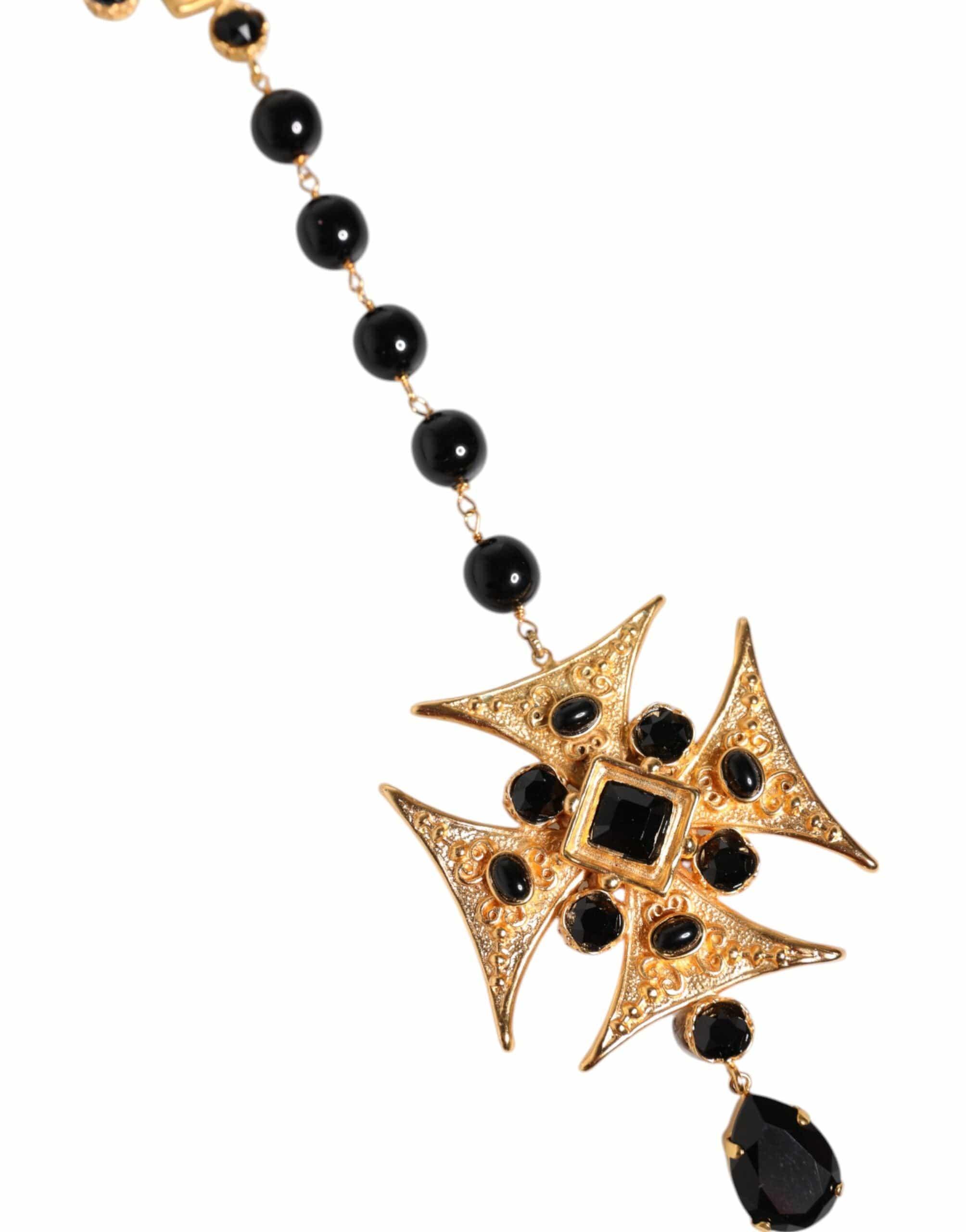 Dolce & Gabbana Dolce & Gabbana Gold Tone Brass Cross Black Beaded Chain Rosary Necklace